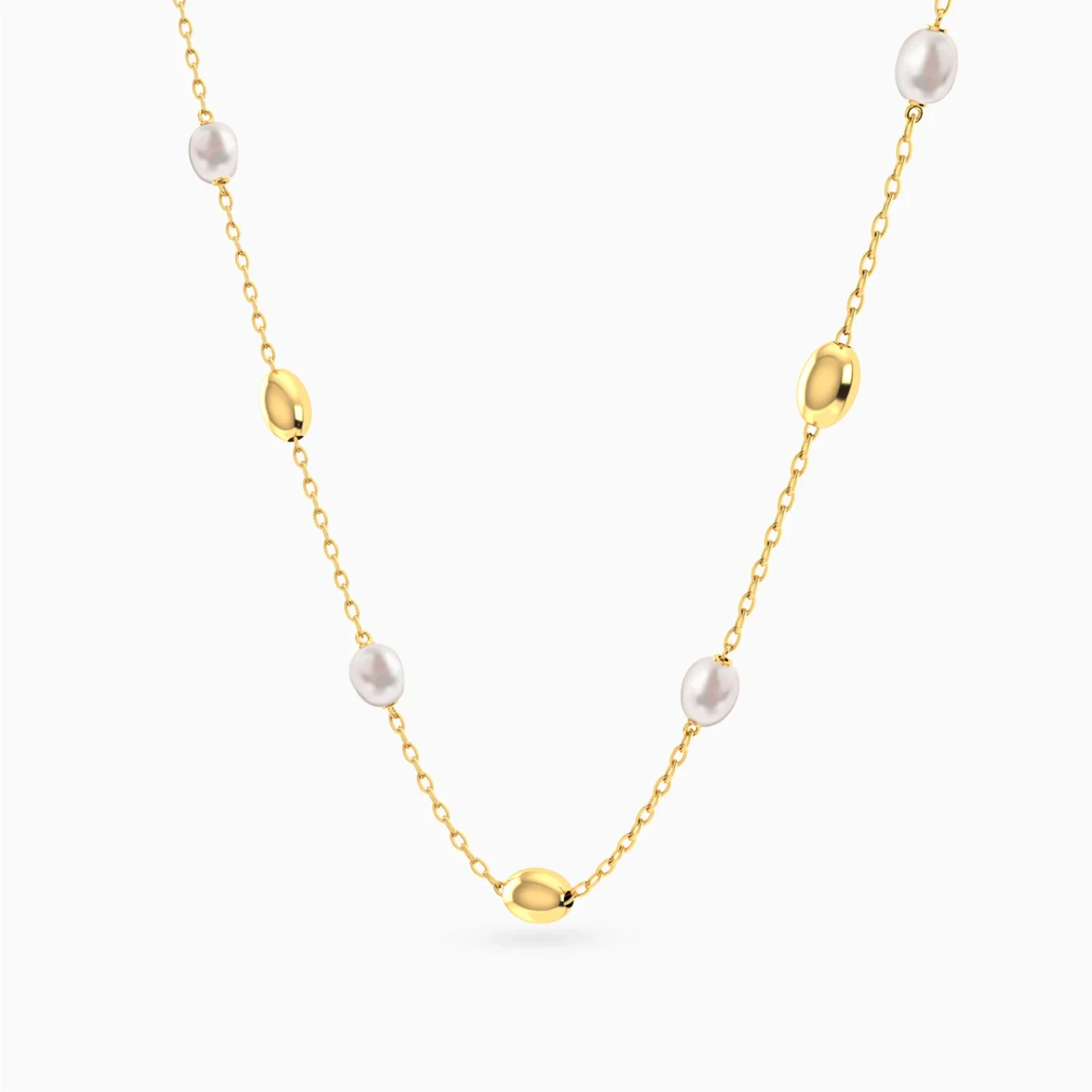 Spaced Oval Beads & Pearls Necklace in 18K Gold - 2 Spaced Oval Beads & Pearls Necklace in 18K Gold - 2
