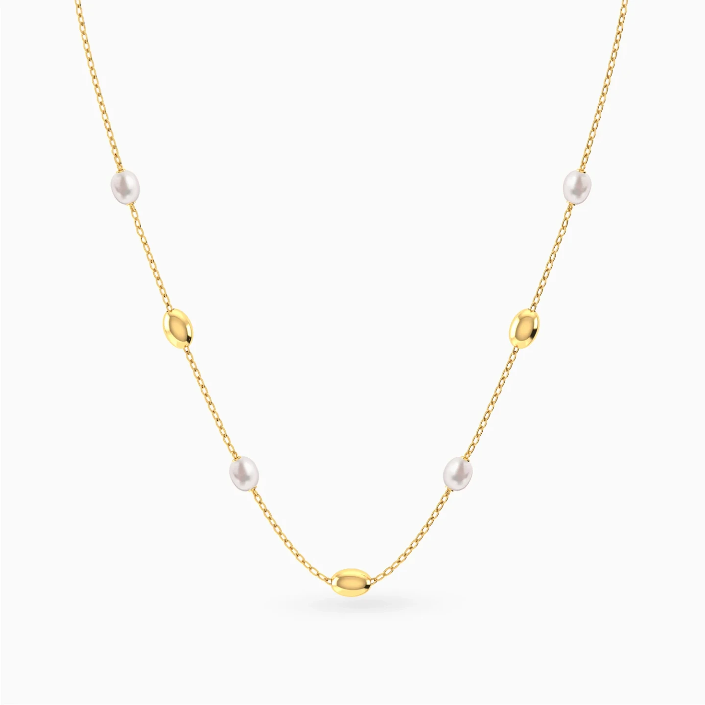 Spaced Oval Beads & Pearls Necklace in 18K Gold - 3 Spaced Oval Beads & Pearls Necklace in 18K Gold - 3