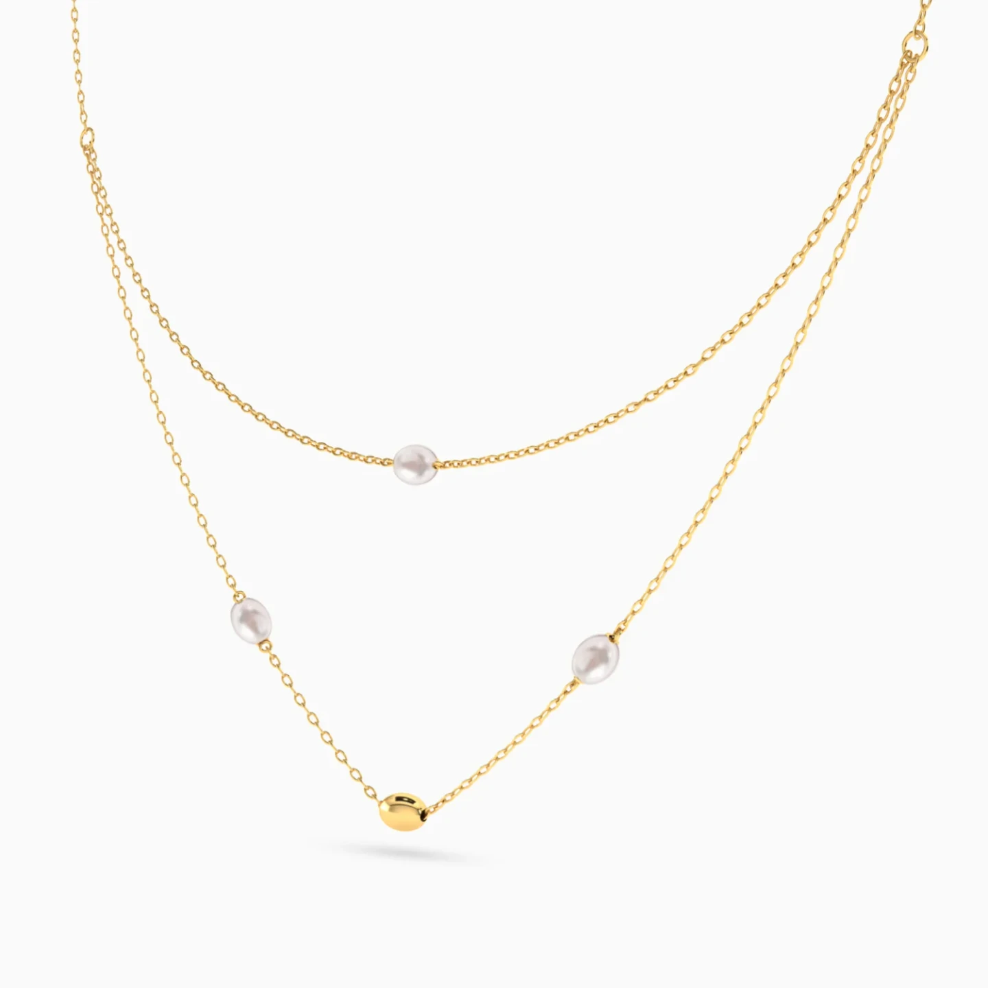 Layered Oval Beads & Pearls Necklace in 18K Gold - 2 Layered Oval Beads & Pearls Necklace in 18K Gold - 2