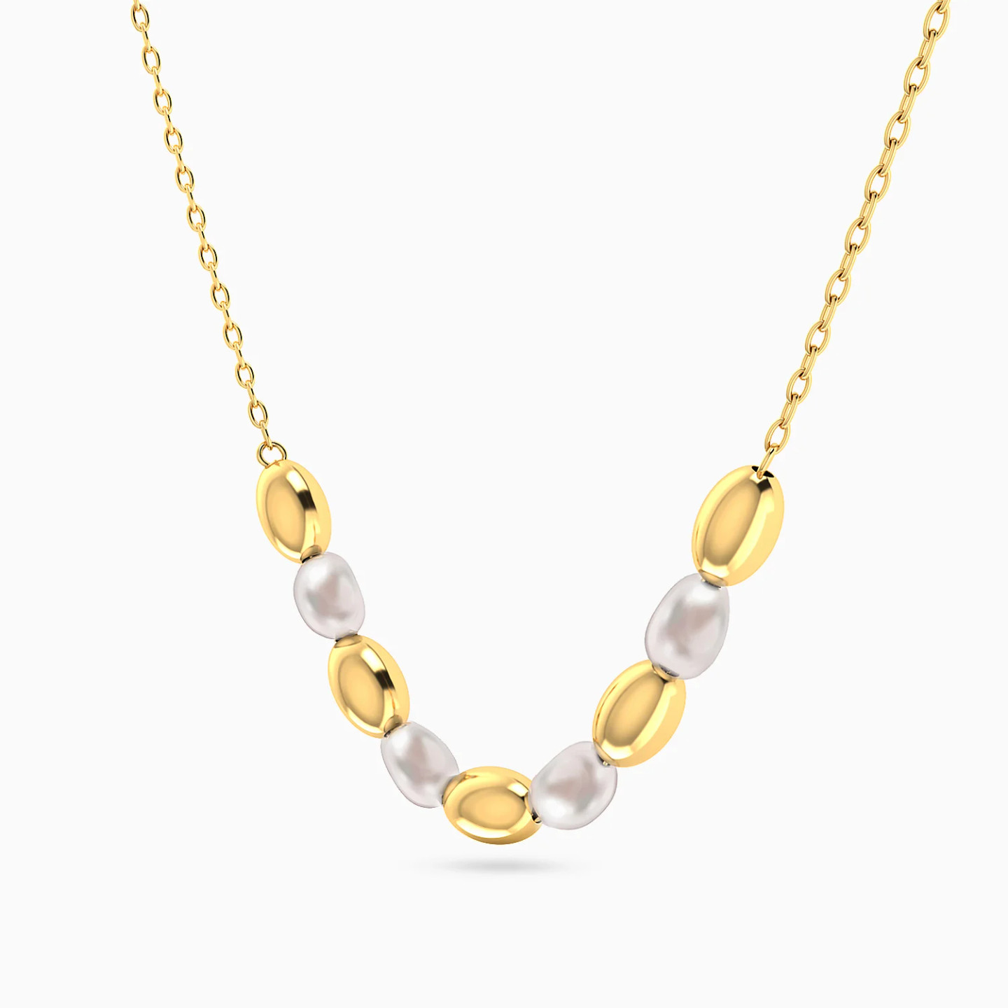 Alternating Oval Beads & Pearls Necklace in 18K Gold - 2 Alternating Oval Beads & Pearls Necklace in 18K Gold - 2