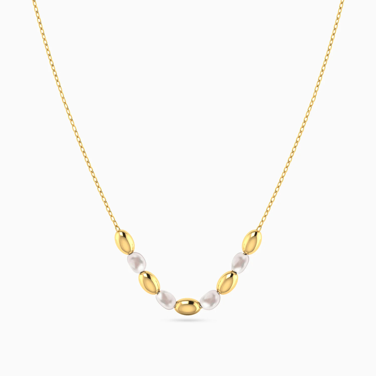 Alternating Oval Beads & Pearls Necklace in 18K Gold - 3 Alternating Oval Beads & Pearls Necklace in 18K Gold - 3