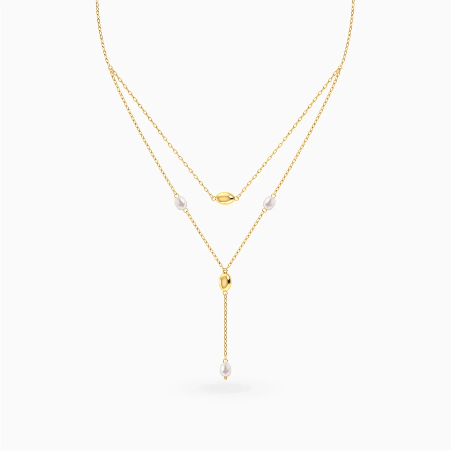 Oval Beads & Pearls Layered Necklace in 18K Gold - 3 Oval Beads & Pearls Layered Necklace in 18K Gold - 3