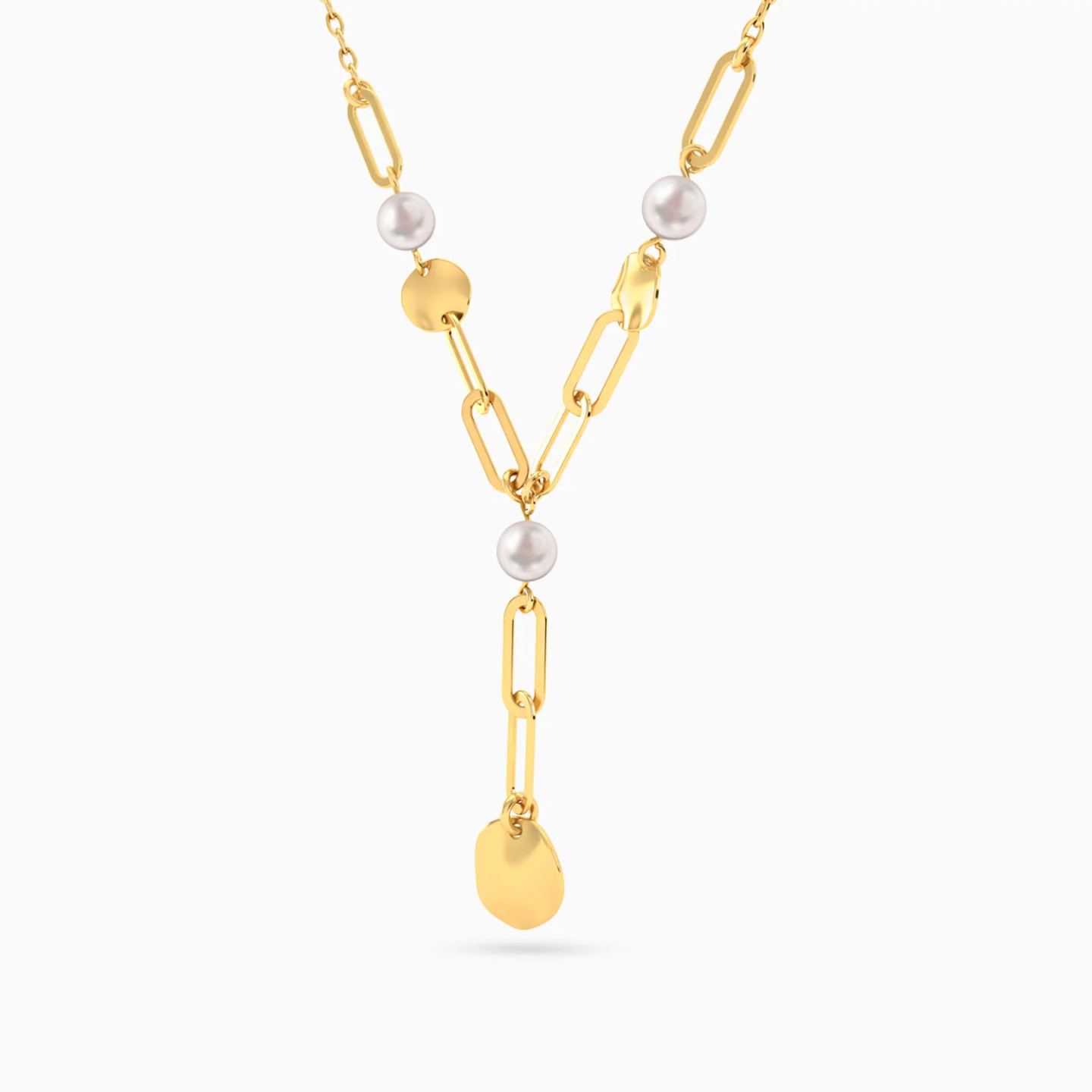 Round Discs Pearl Lariart Necklace in 18K Gold - 2 Round Discs Pearl Lariart Necklace in 18K Gold - 2