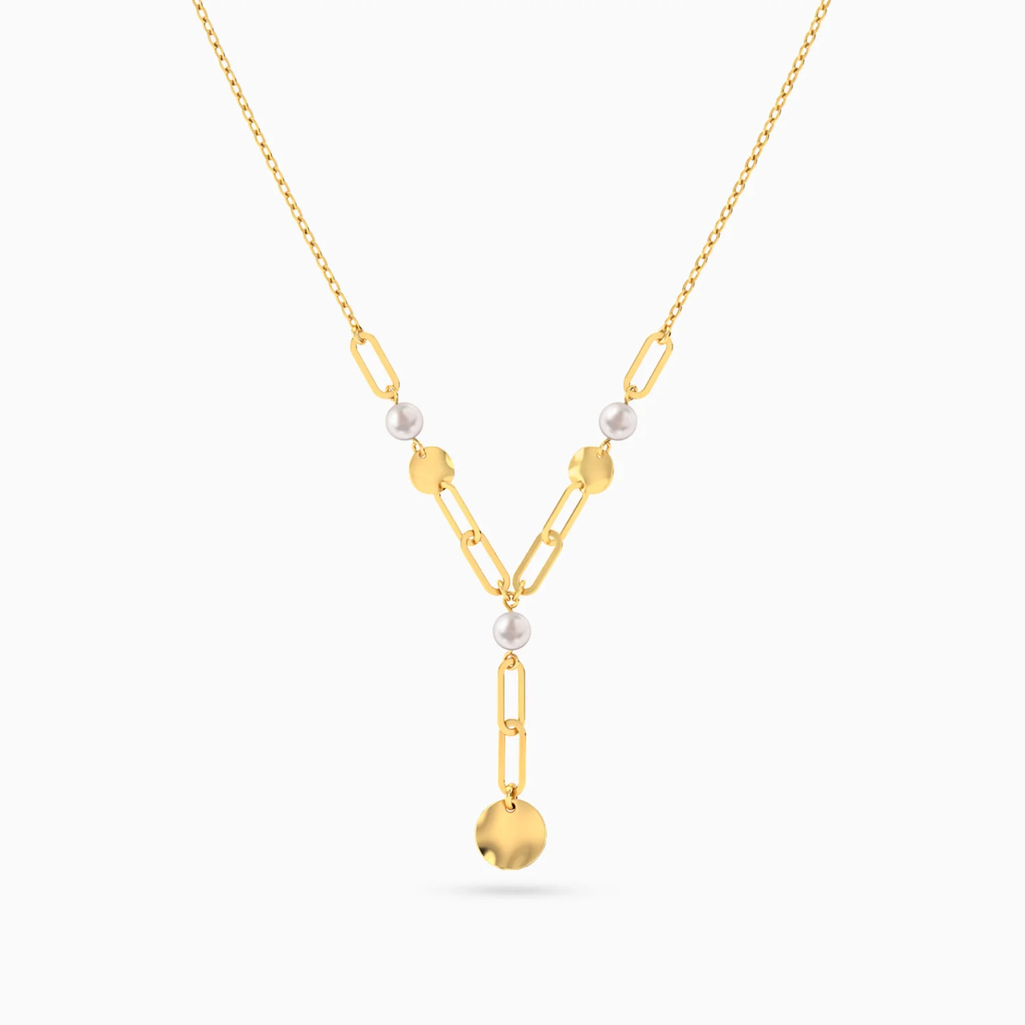 Round Discs Pearl Lariart Necklace in 18K Gold - 3 Round Discs Pearl Lariart Necklace in 18K Gold - 3