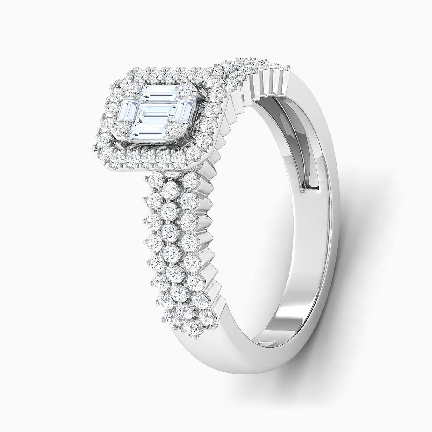 Studded Band & Square Cluster Diamond Twin Rings in 18K Gold - 2 Studded Band & Square Cluster Diamond Twin Rings in 18K Gold - 2