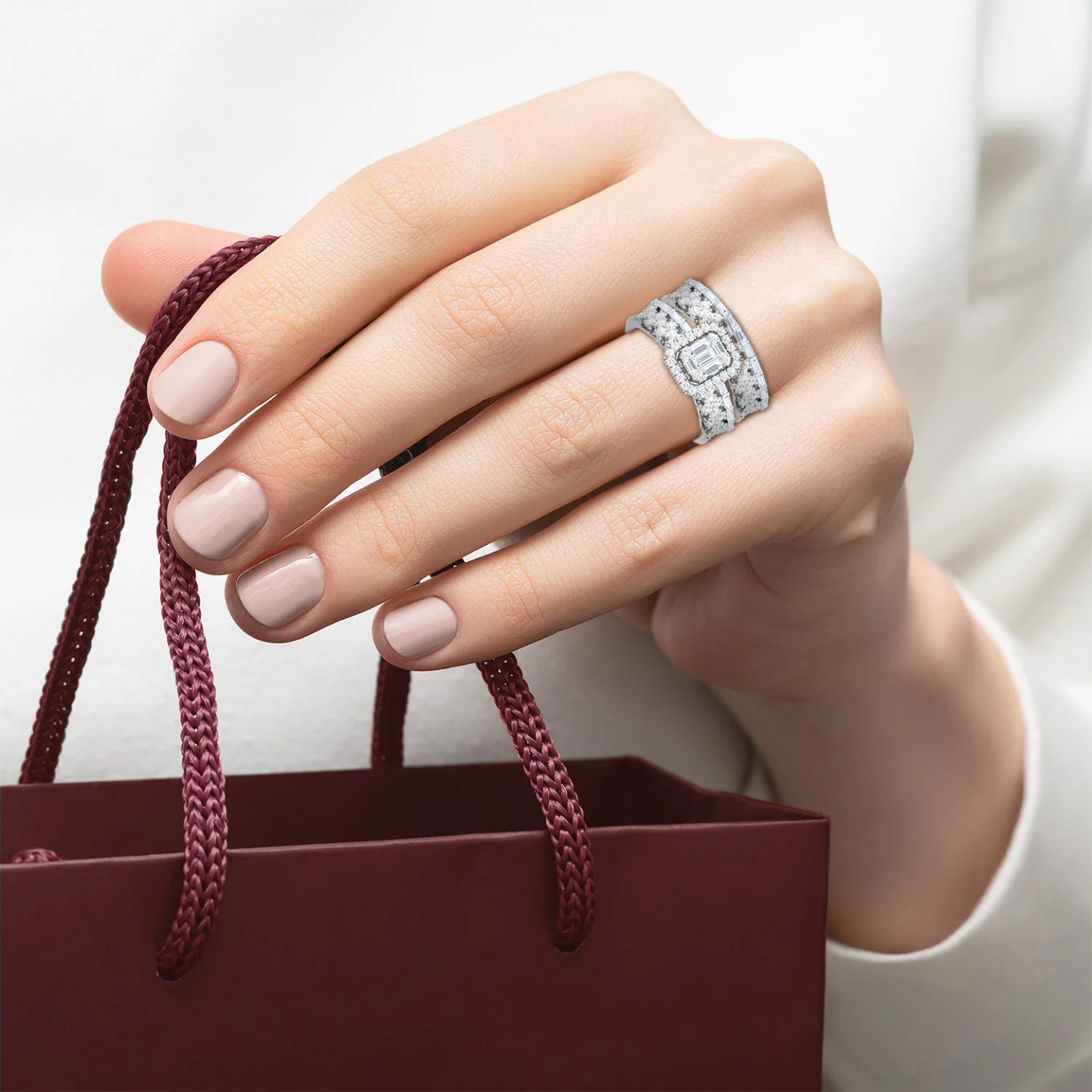 Rows & Rectangular Cluster Diamond Twin Rings in 18K Gold - 2 Rows & Rectangular Cluster Diamond Twin Rings in 18K Gold - 2
