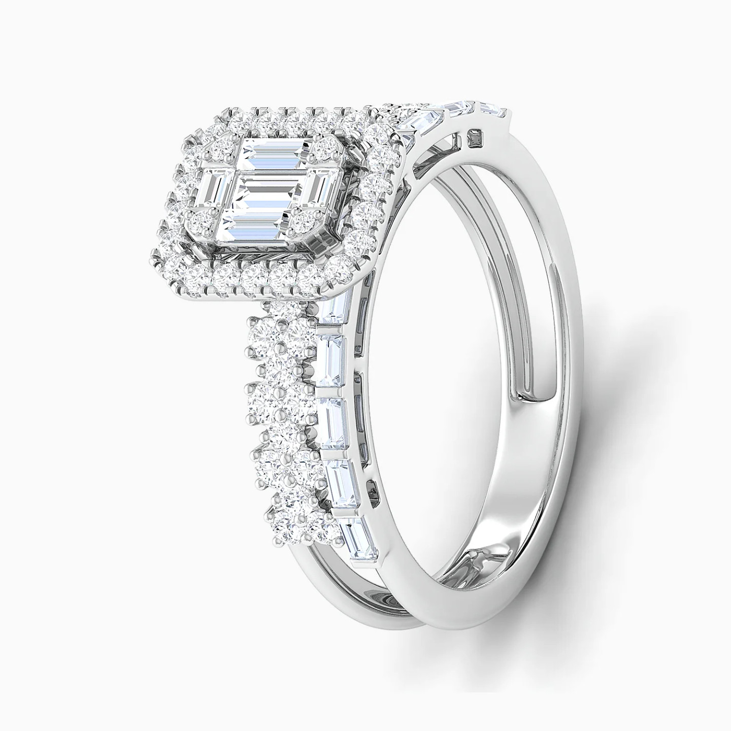 Rows & Rectangular Cluster Diamond Twin Rings in 18K Gold - 3 Rows & Rectangular Cluster Diamond Twin Rings in 18K Gold - 3