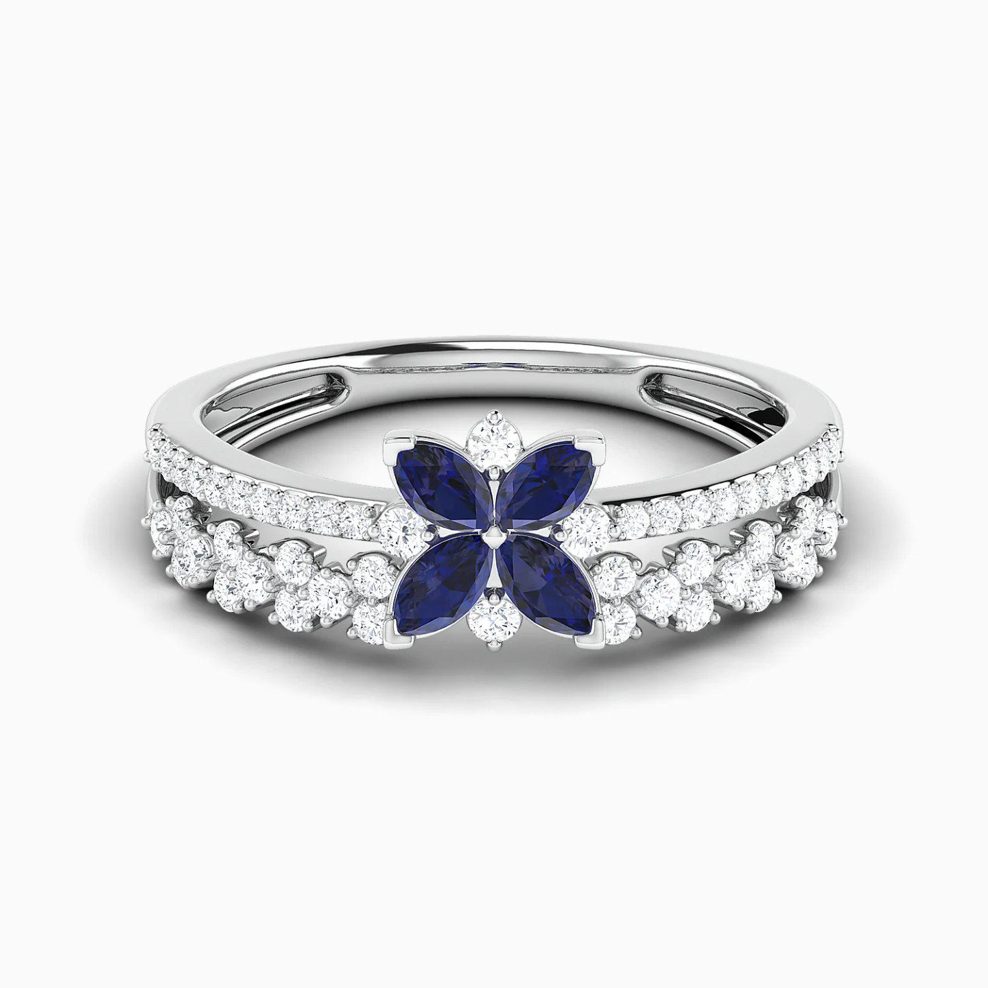 Petals Cluster Blue Stones Diamond Split Shank Ring in 18K Gold Petals Cluster Blue Stones Diamond Split Shank Ring in 18K Gold