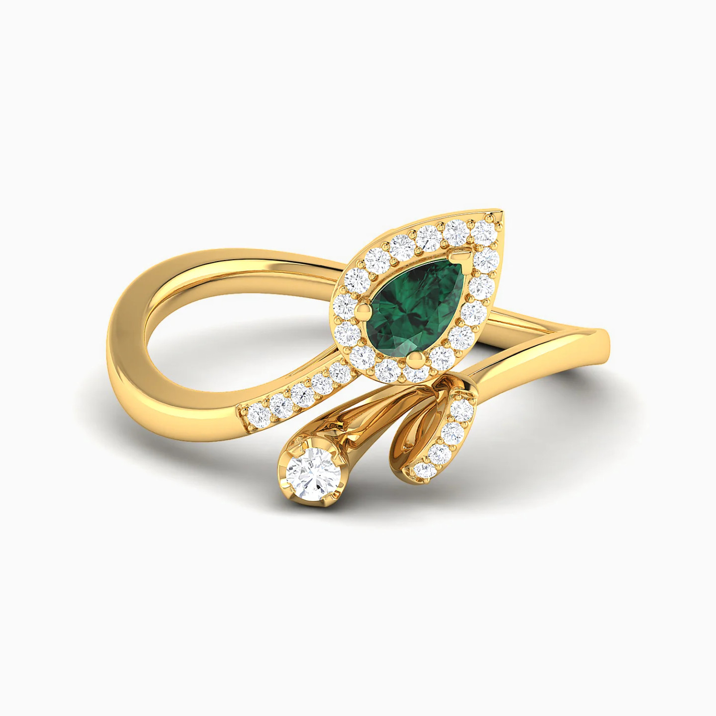 Upside Down Pear Green Stones Diamond Bypass Ring in 18K Gold Upside Down Pear Green Stones Diamond Bypass Ring in 18K Gold