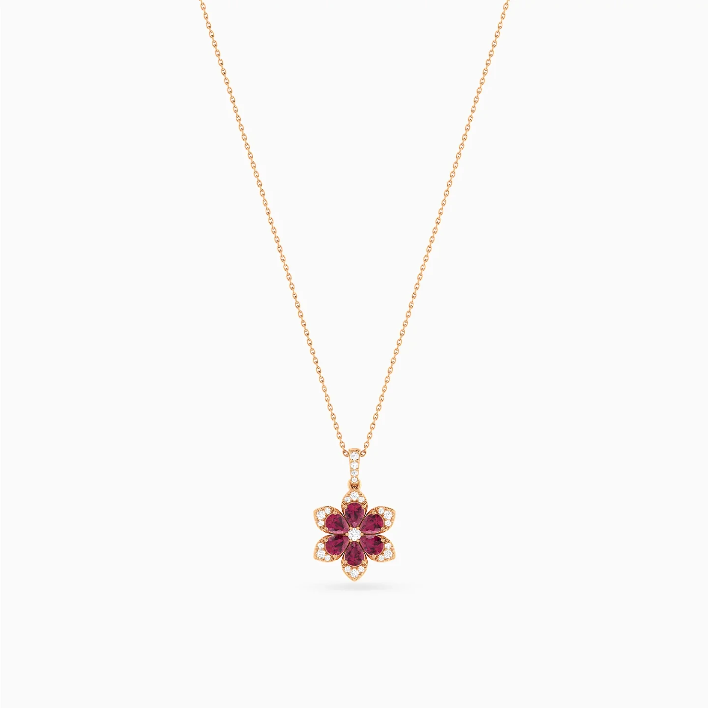 Flower Red Stones Diamond Necklace in 18K Gold - 3 Flower Red Stones Diamond Necklace in 18K Gold - 3
