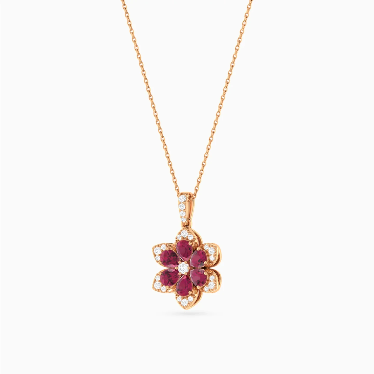 Flower Red Stones Diamond Necklace in 18K Gold Flower Red Stones Diamond Necklace in 18K Gold