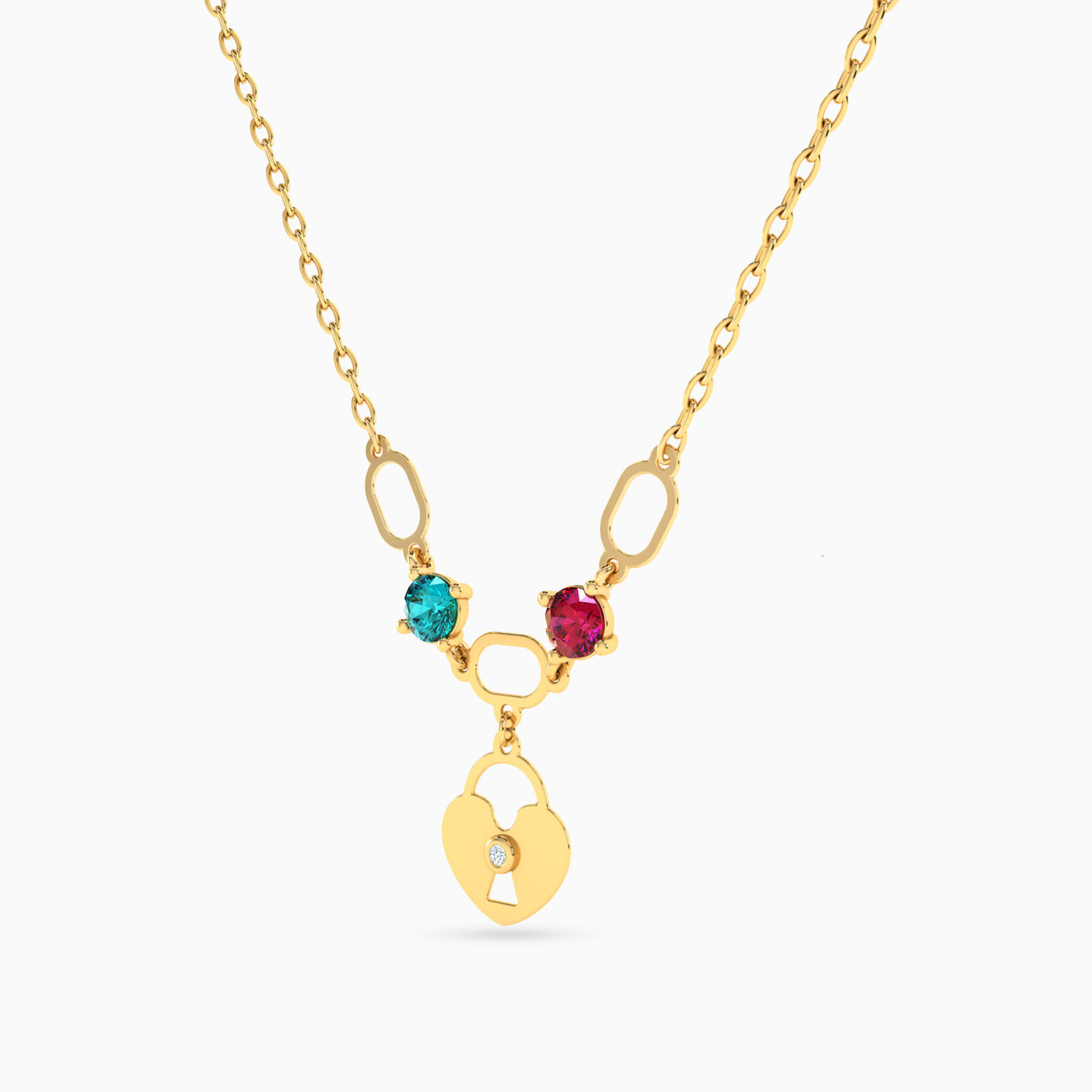 Lock Colored Stones Necklace in 18K Gold - 2 Lock Colored Stones Necklace in 18K Gold - 2