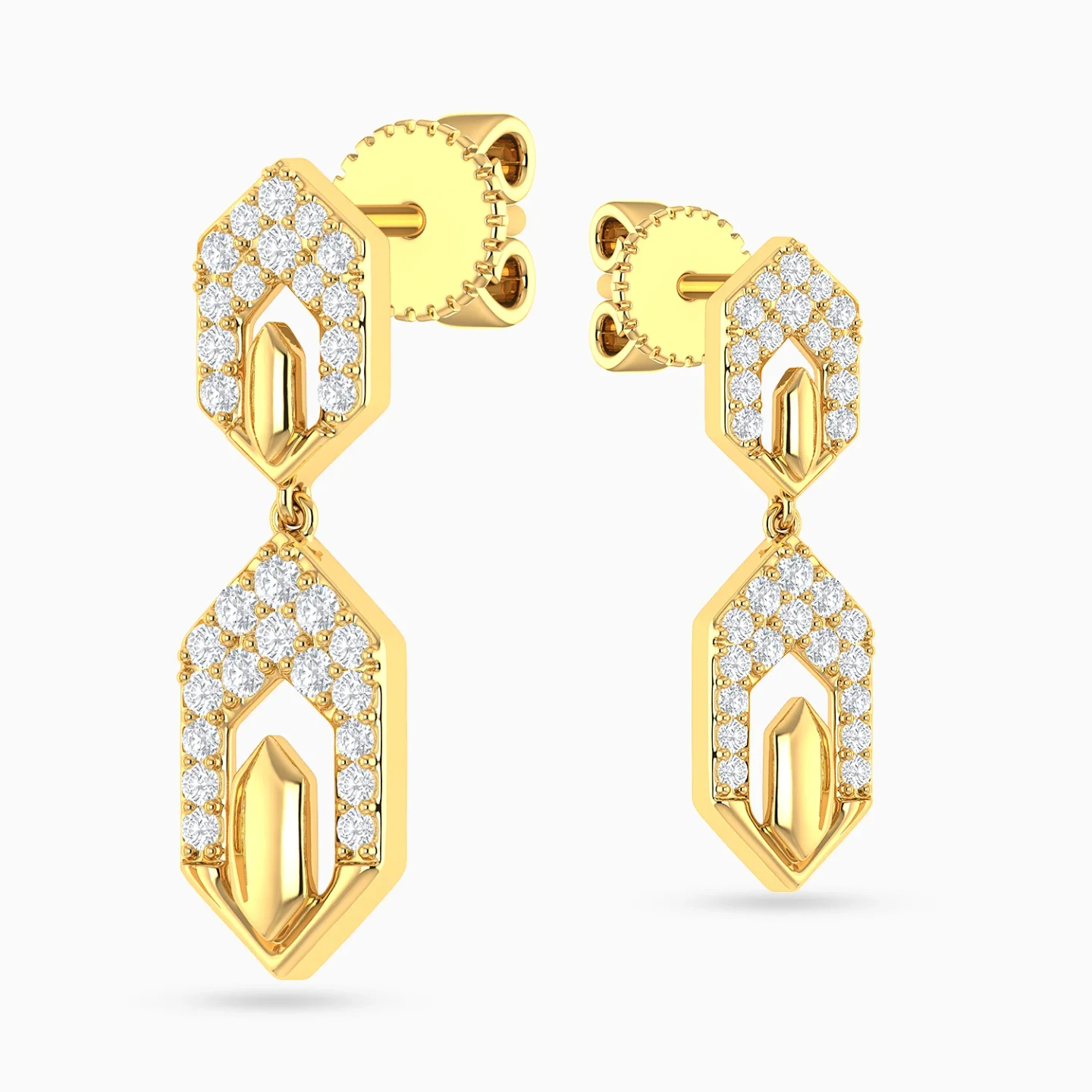 Elongated Hexagonal Frames Diamond Drop Earrings in 18K Gold - 4 Elongated Hexagonal Frames Diamond Drop Earrings in 18K Gold - 4