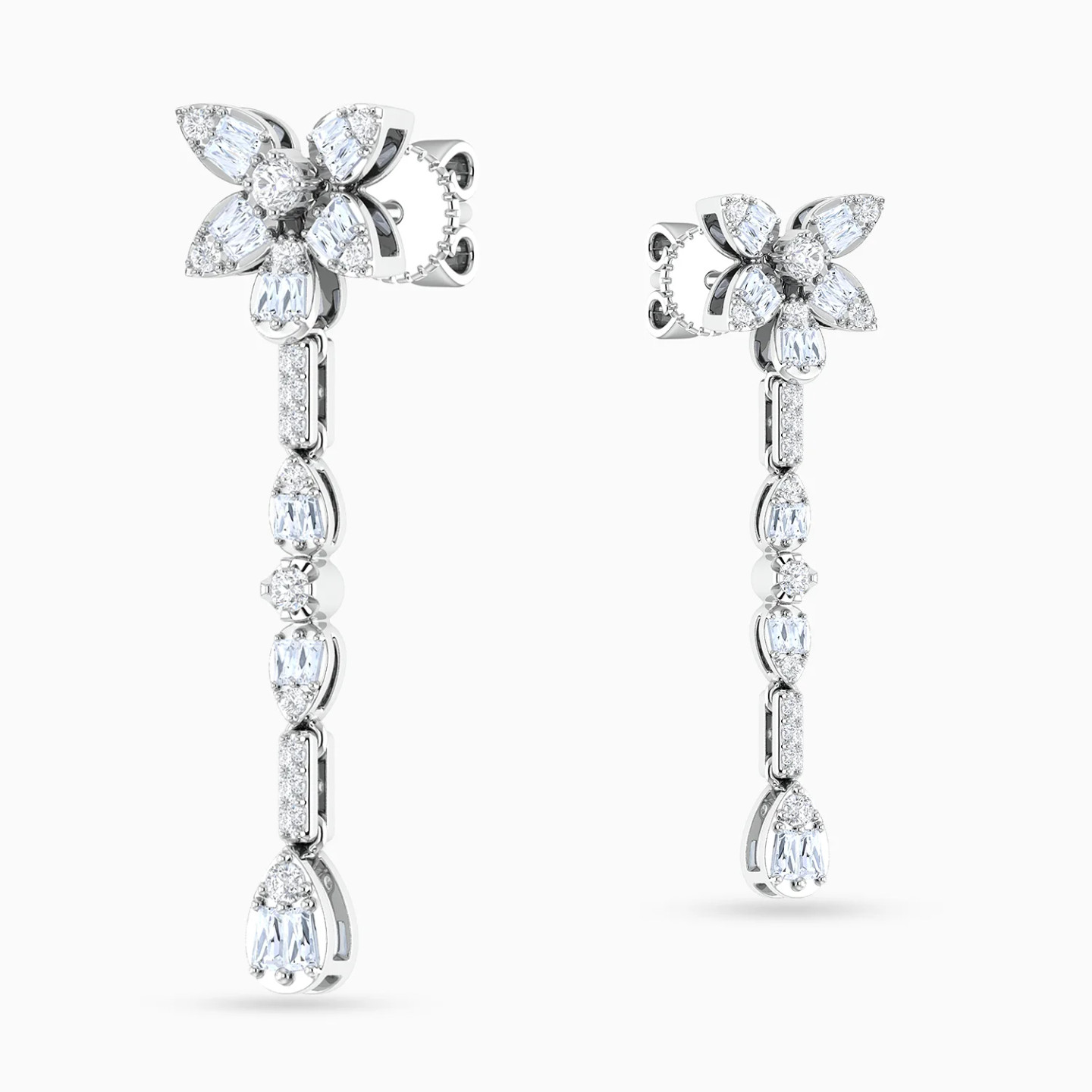 Vertical Bar & Floral Cluster Diamond Drop Earrings in 18K Gold - 4 Vertical Bar & Floral Cluster Diamond Drop Earrings in 18K Gold - 4