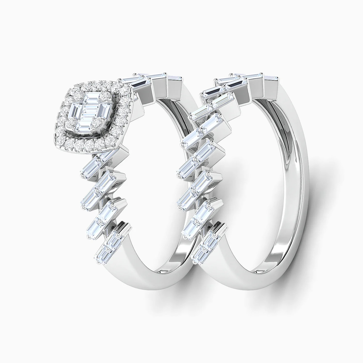 Baguette Cut & Square Cluster Diamond Twin Rings in 18K Gold Baguette Cut & Square Cluster Diamond Twin Rings in 18K Gold