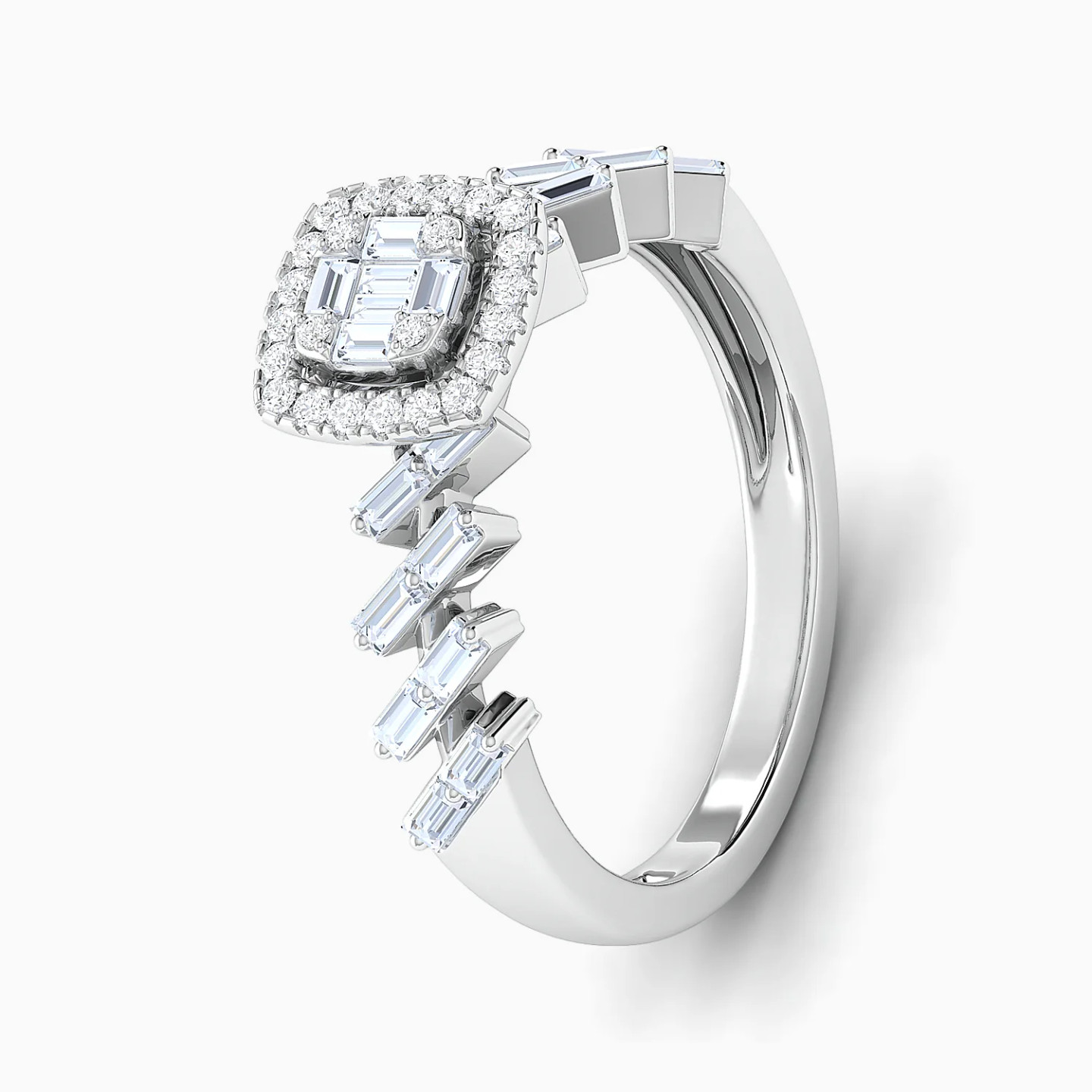 Baguette Cut & Square Cluster Diamond Twin Rings in 18K Gold - 2 Baguette Cut & Square Cluster Diamond Twin Rings in 18K Gold - 2