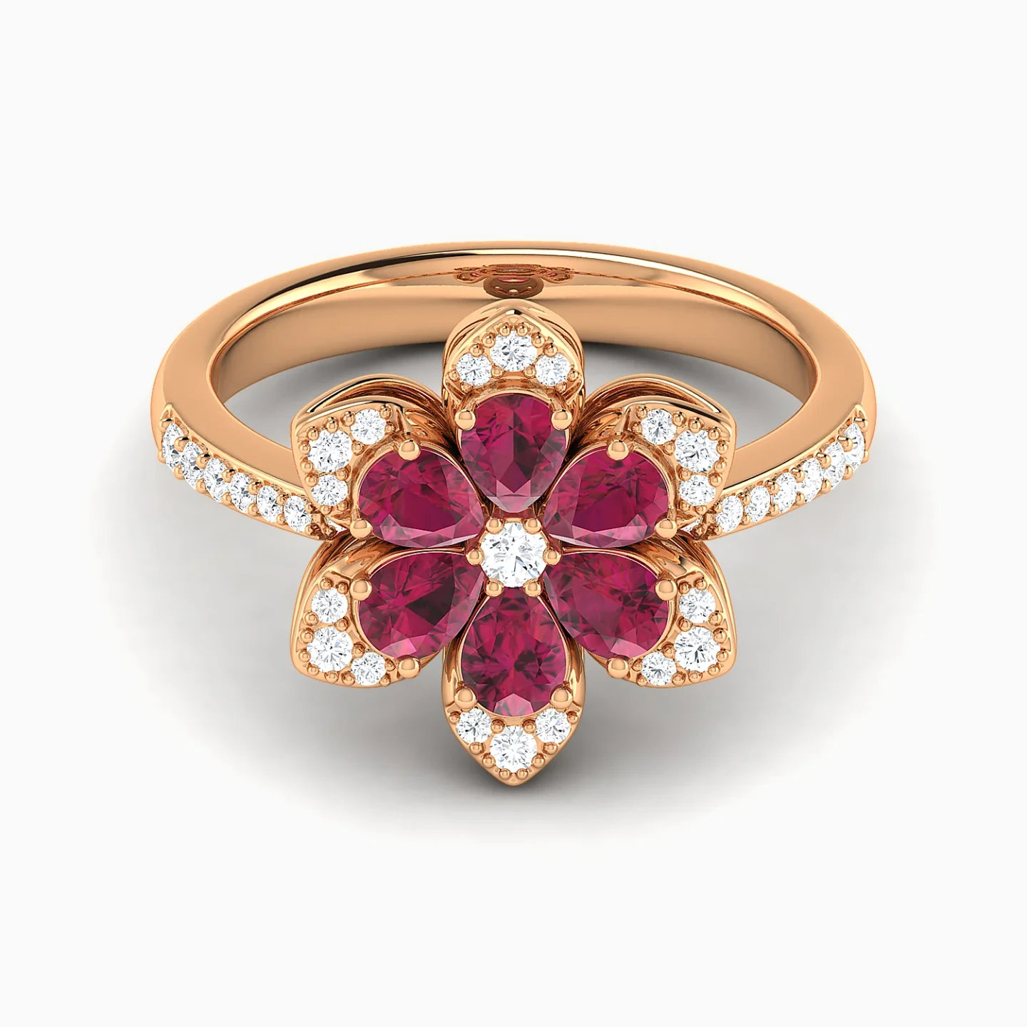Flower Red Stones Diamond Ring in 18K Gold Flower Red Stones Diamond Ring in 18K Gold