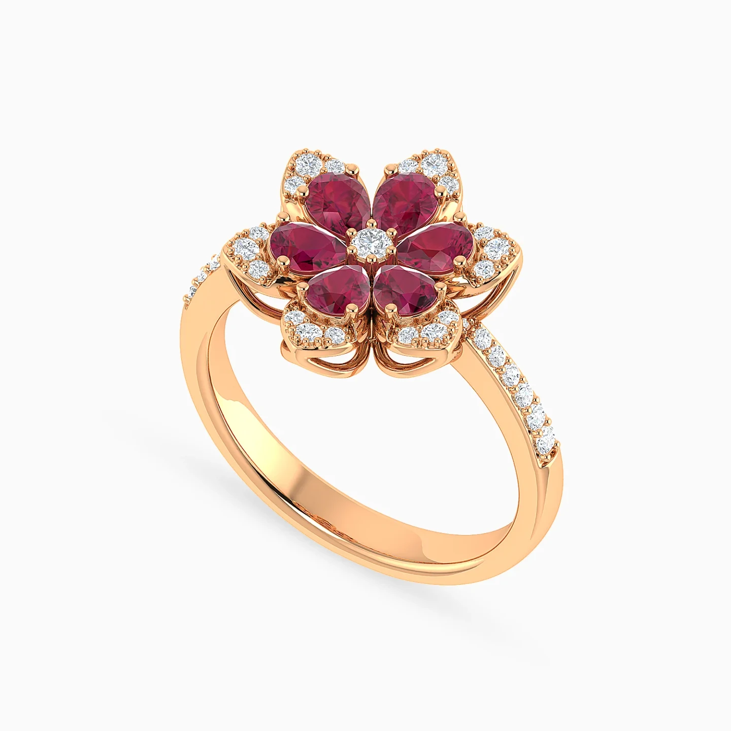 Flower Red Stones Diamond Ring in 18K Gold - 3 Flower Red Stones Diamond Ring in 18K Gold - 3