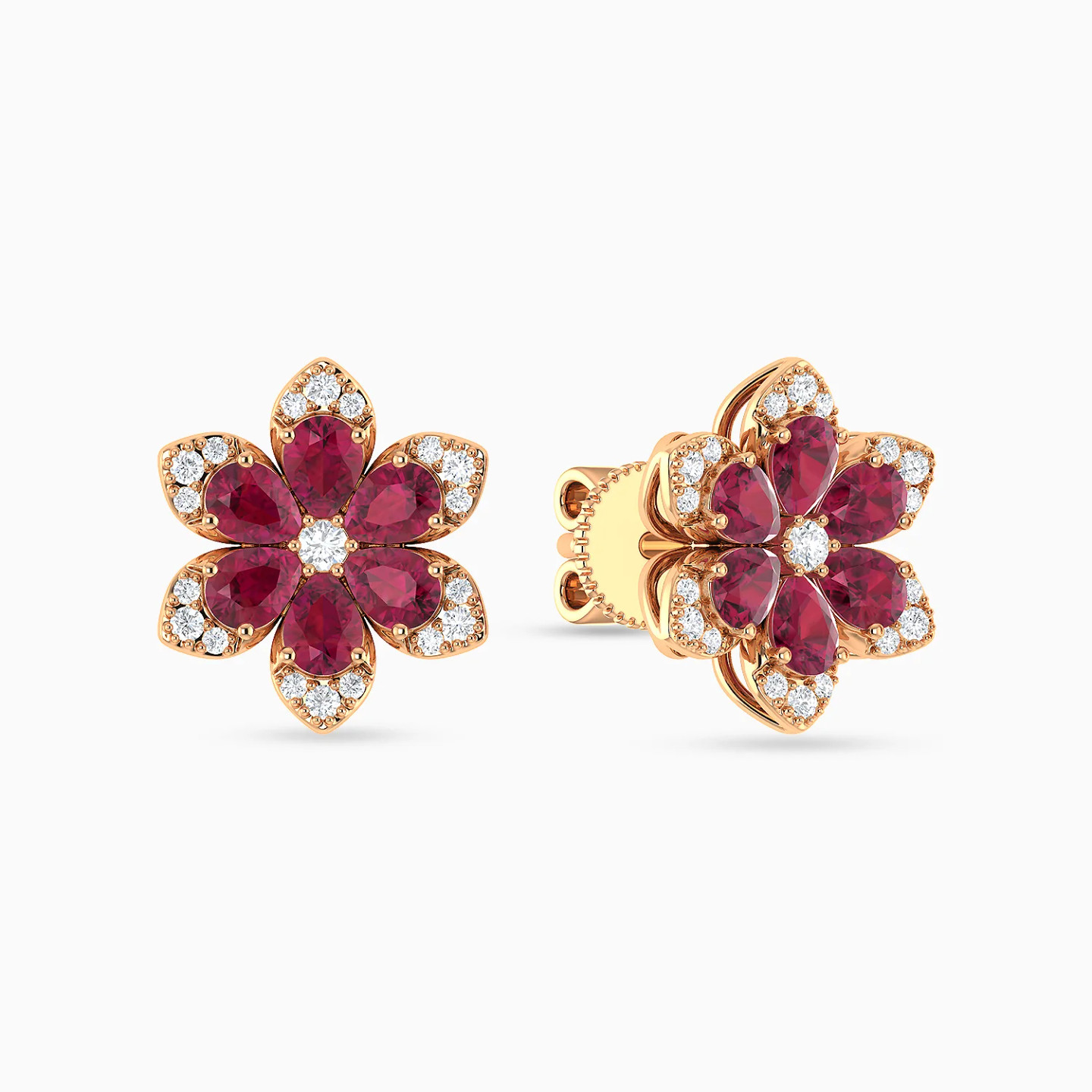 Flower Red Stones Diamond Stud Earrings in 18K Gold Flower Red Stones Diamond Stud Earrings in 18K Gold
