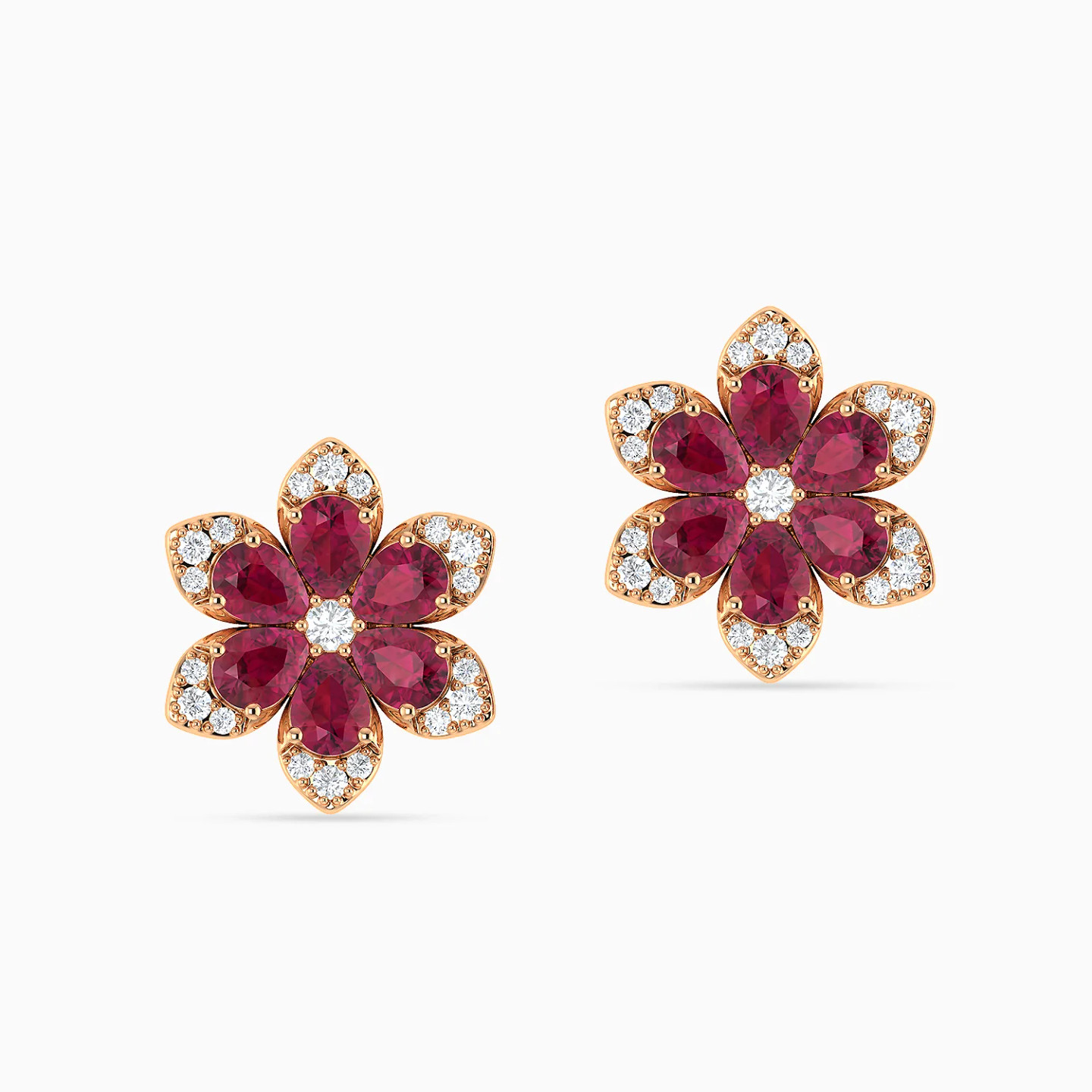 Flower Red Stones Diamond Stud Earrings in 18K Gold - 3 Flower Red Stones Diamond Stud Earrings in 18K Gold - 3