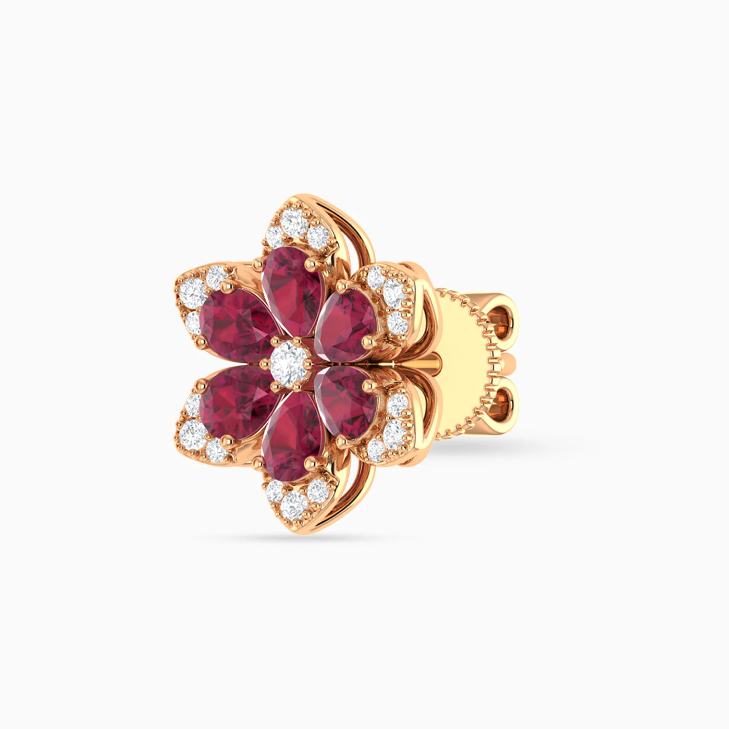Flower Red Stones Diamond Stud Earrings in 18K Gold - 4 Flower Red Stones Diamond Stud Earrings in 18K Gold - 4