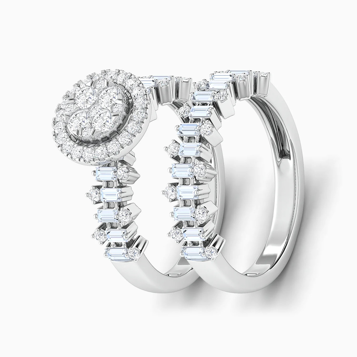 Baguette & Elevated Round Cluster Diamond Twin Rings in 18K Gold Baguette & Elevated Round Cluster Diamond Twin Rings in 18K Gold