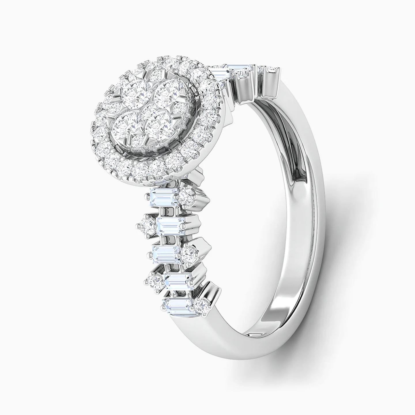 Baguette & Elevated Round Cluster Diamond Twin Rings in 18K Gold - 3 Baguette & Elevated Round Cluster Diamond Twin Rings in 18K Gold - 3