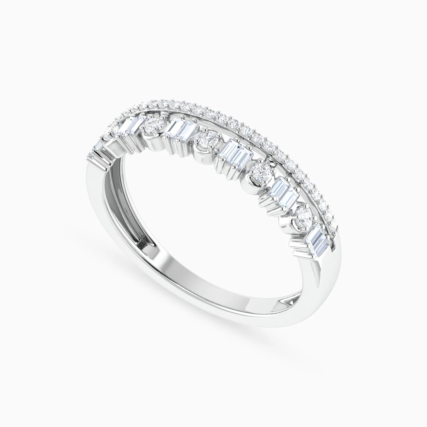 Round & Baguette Diamond Split Shank Ring in 18K Gold - 3 Round & Baguette Diamond Split Shank Ring in 18K Gold - 3