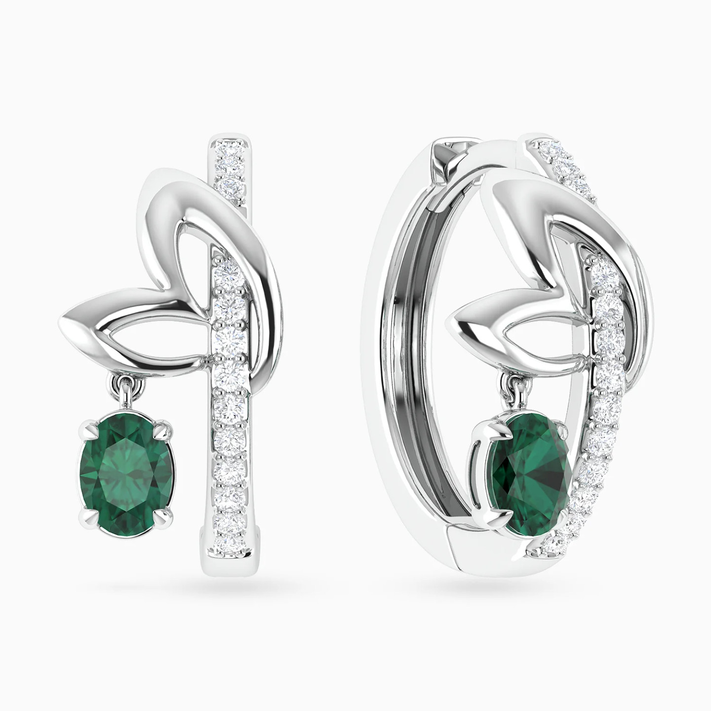 Leaves & Oval Green Stone Diamond Hoop Earrings in 18K Gold Leaves & Oval Green Stone Diamond Hoop Earrings in 18K Gold