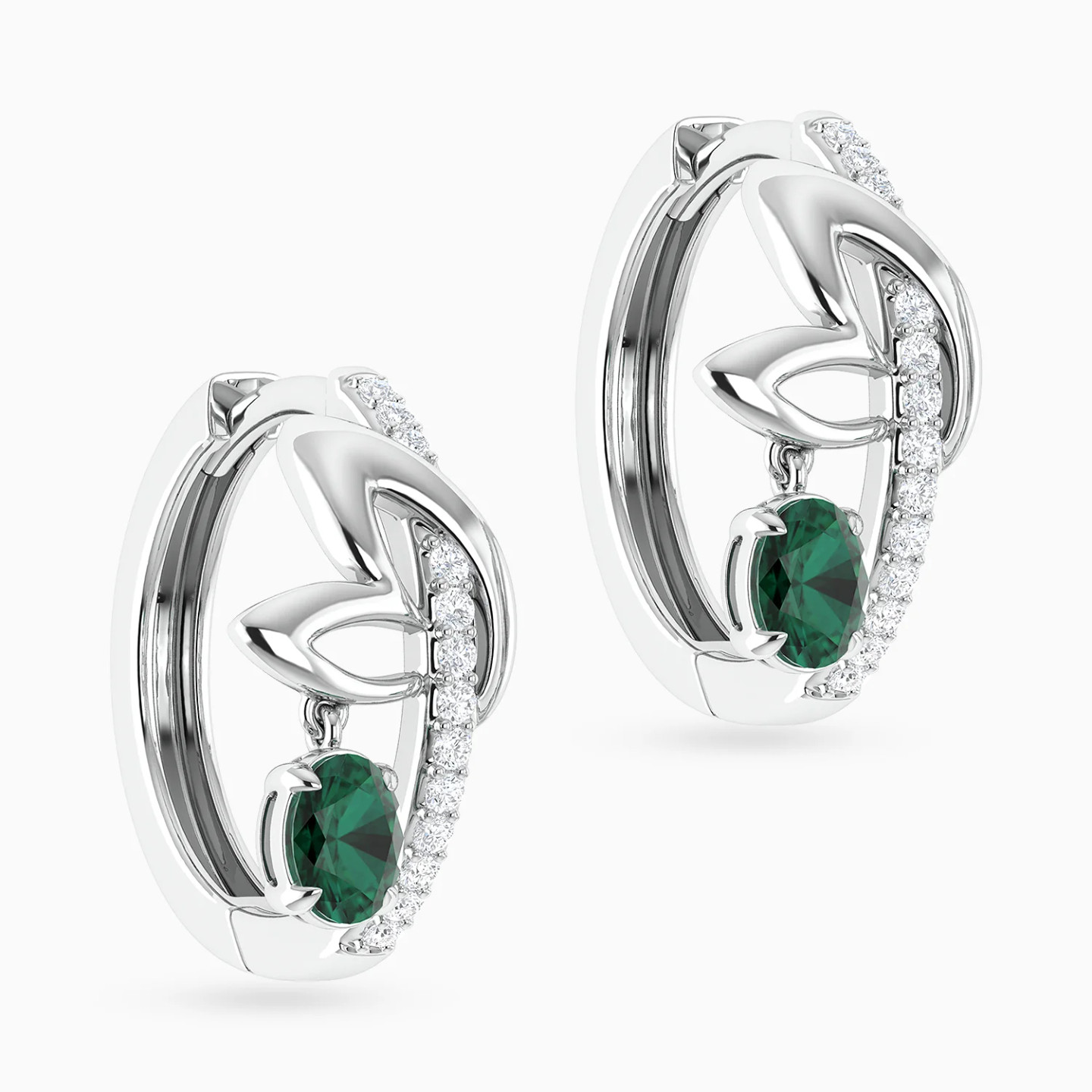 Leaves & Oval Green Stone Diamond Hoop Earrings in 18K Gold - 3 Leaves & Oval Green Stone Diamond Hoop Earrings in 18K Gold - 3