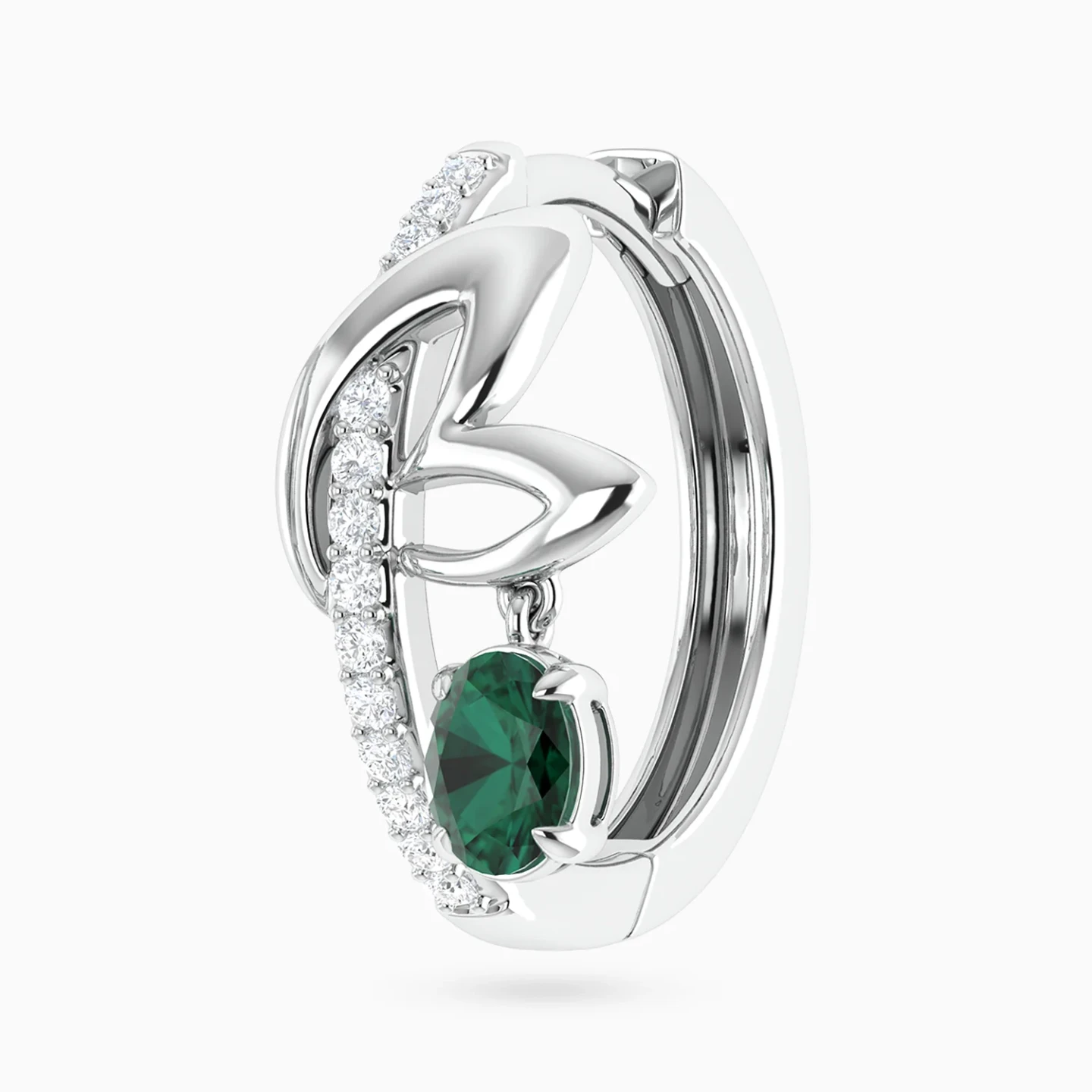 Leaves & Oval Green Stone Diamond Hoop Earrings in 18K Gold - 4 Leaves & Oval Green Stone Diamond Hoop Earrings in 18K Gold - 4