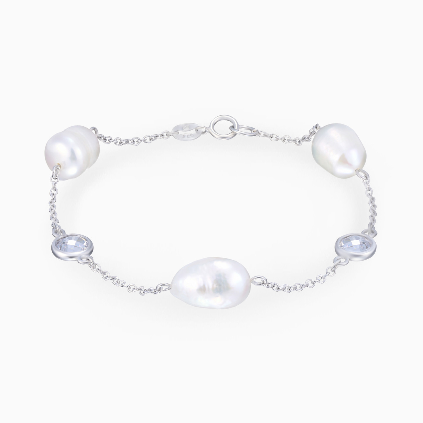 Round Bezel Colored Stones & Pearl Chain Bracelet in Sterling Silver Round Bezel Colored Stones & Pearl Chain Bracelet in Sterling Silver