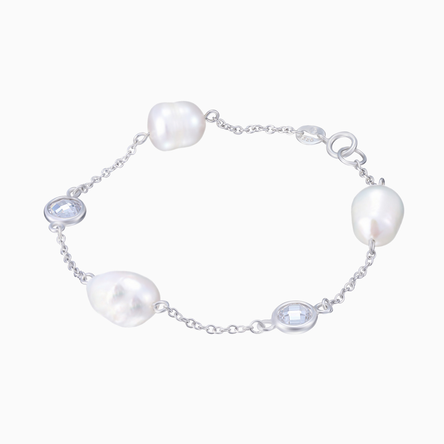 Round Bezel Colored Stones & Pearl Chain Bracelet in Sterling Silver - 3 Round Bezel Colored Stones & Pearl Chain Bracelet in Sterling Silver - 3