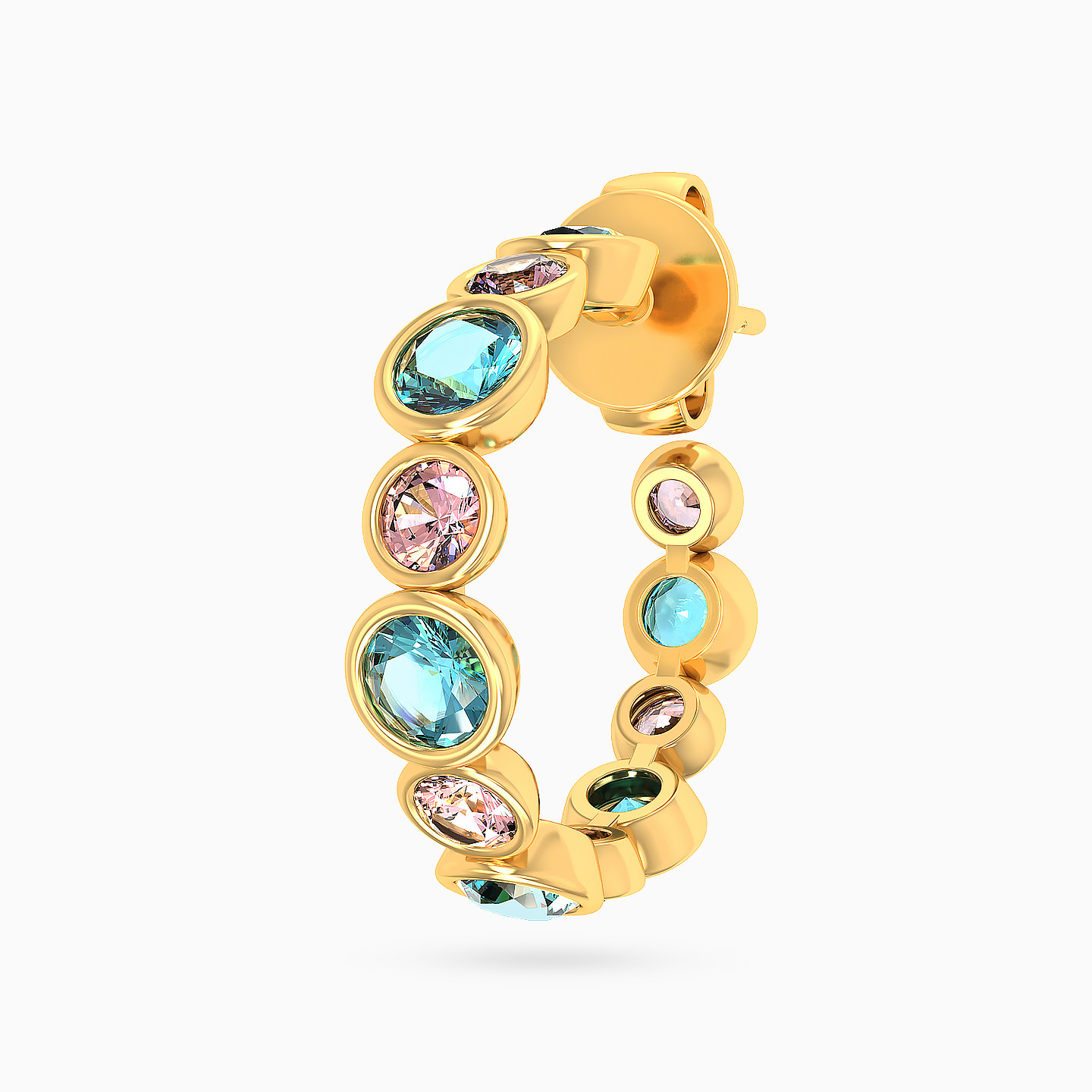 Round Shaped Colored Stones Hoop Earring in 14K Gold - 1 Piece - 3 Round Shaped Colored Stones Hoop Earring in 14K Gold - 1 Piece - 3