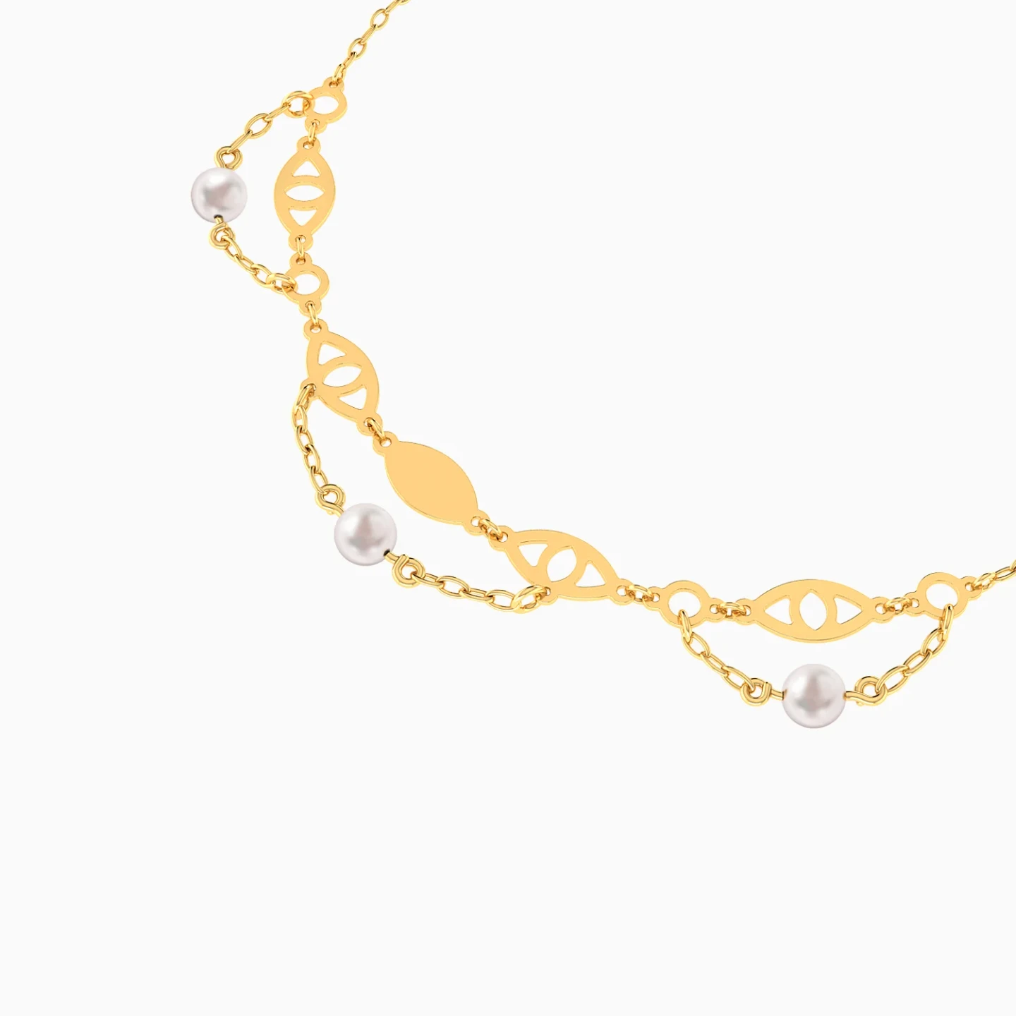 Eye Motifs Pearl Double Chain Bracelet in 18K Gold - 4 Eye Motifs Pearl Double Chain Bracelet in 18K Gold - 4