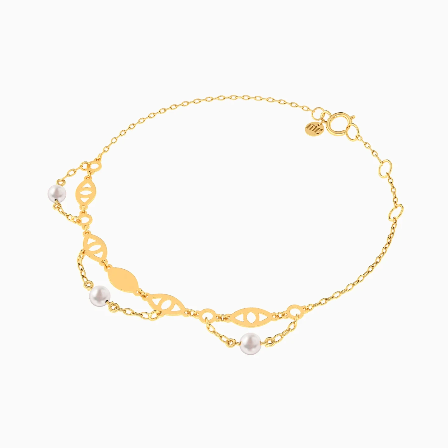 Eye Motifs Pearl Double Chain Bracelet in 18K Gold - 3 Eye Motifs Pearl Double Chain Bracelet in 18K Gold - 3