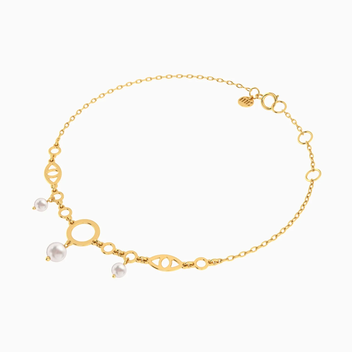 Eye Motifs & Round Link Pearl Chain Bracelet in 18K Gold - 3 Eye Motifs & Round Link Pearl Chain Bracelet in 18K Gold - 3