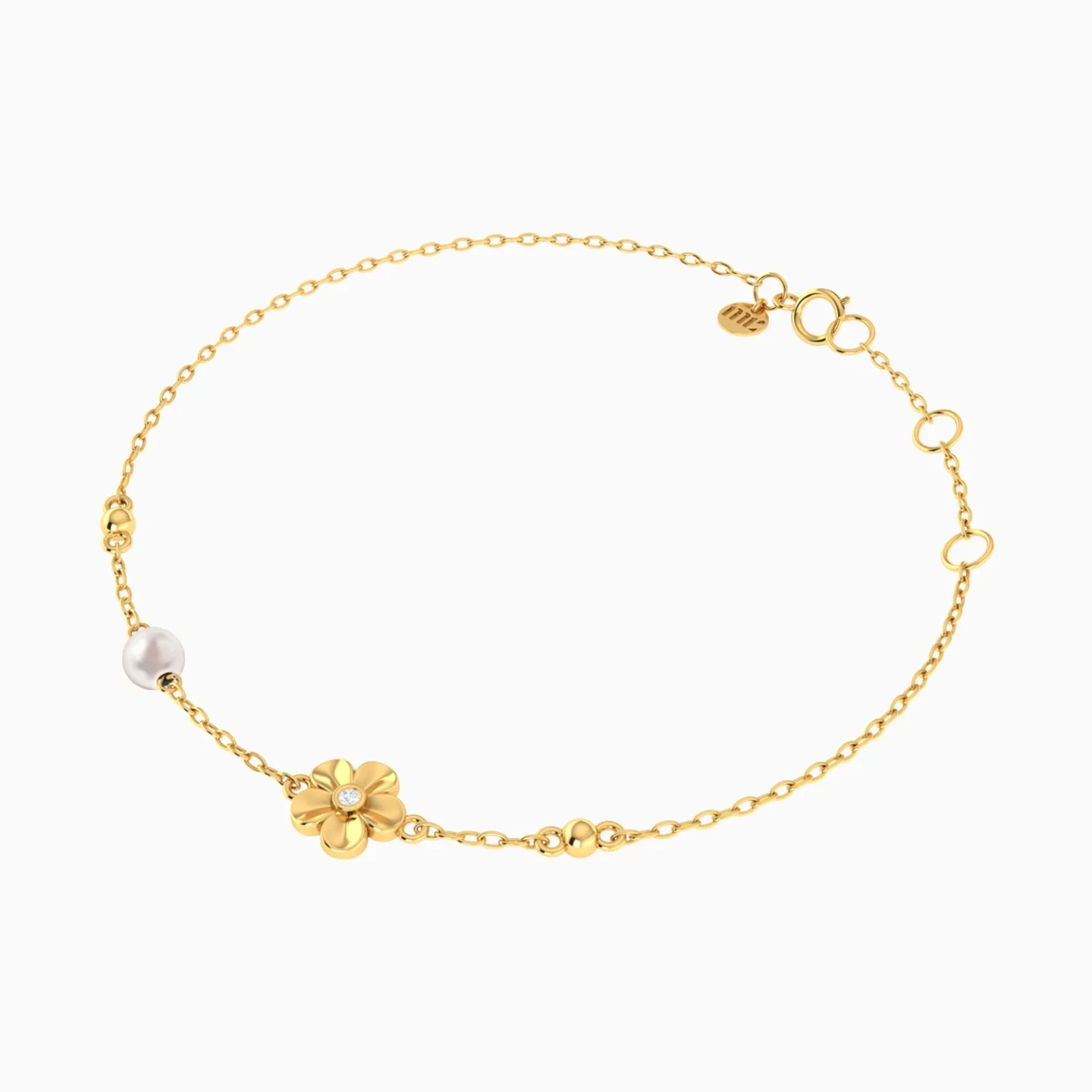 Kids Flower & Beads Pearl Chain Bracelet in 18K Gold - 3 Kids Flower & Beads Pearl Chain Bracelet in 18K Gold - 3
