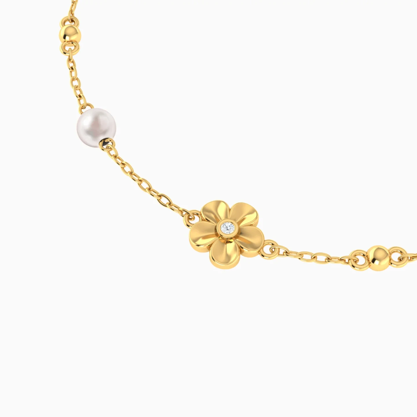 Kids Flower & Beads Pearl Chain Bracelet in 18K Gold - 4 Kids Flower & Beads Pearl Chain Bracelet in 18K Gold - 4
