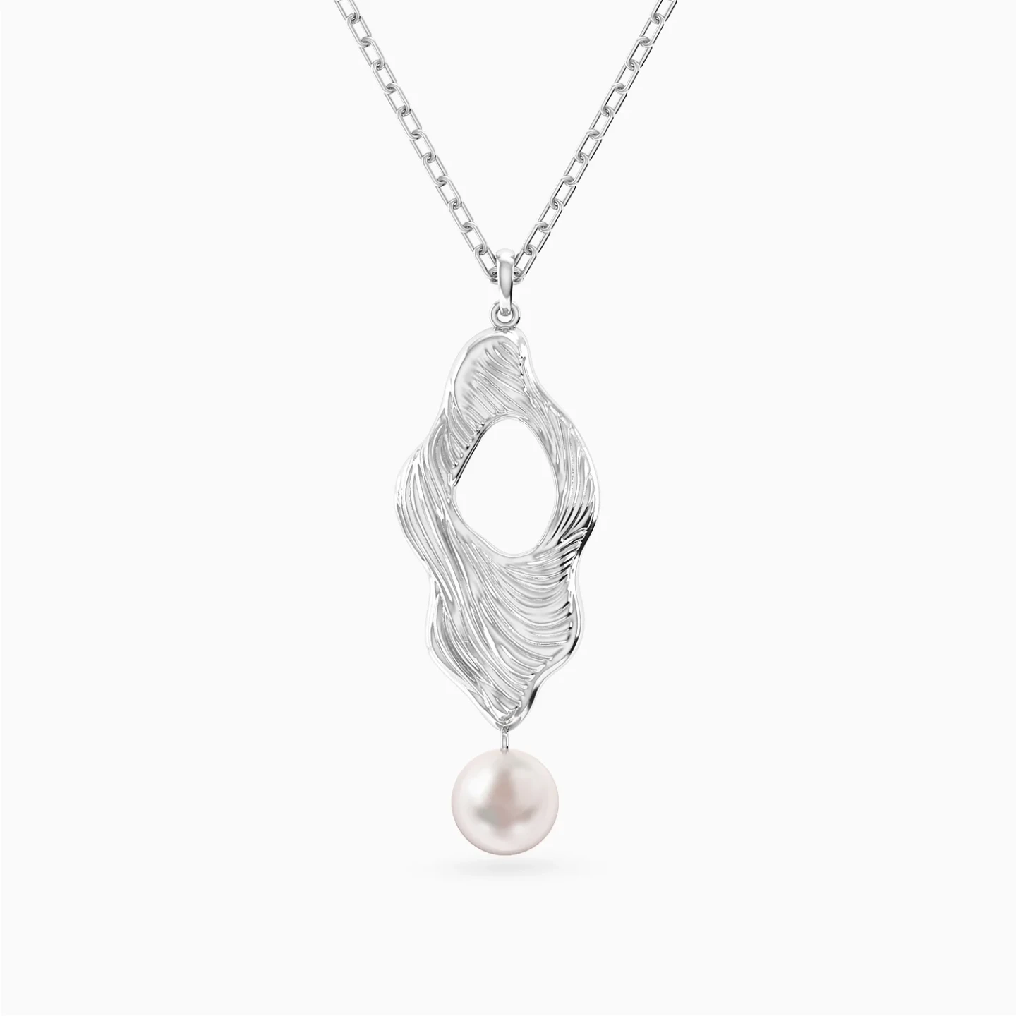 Elongated Open Freeform Pearl Pendant Necklace in Sterling Silver Elongated Open Freeform Pearl Pendant Necklace in Sterling Silver