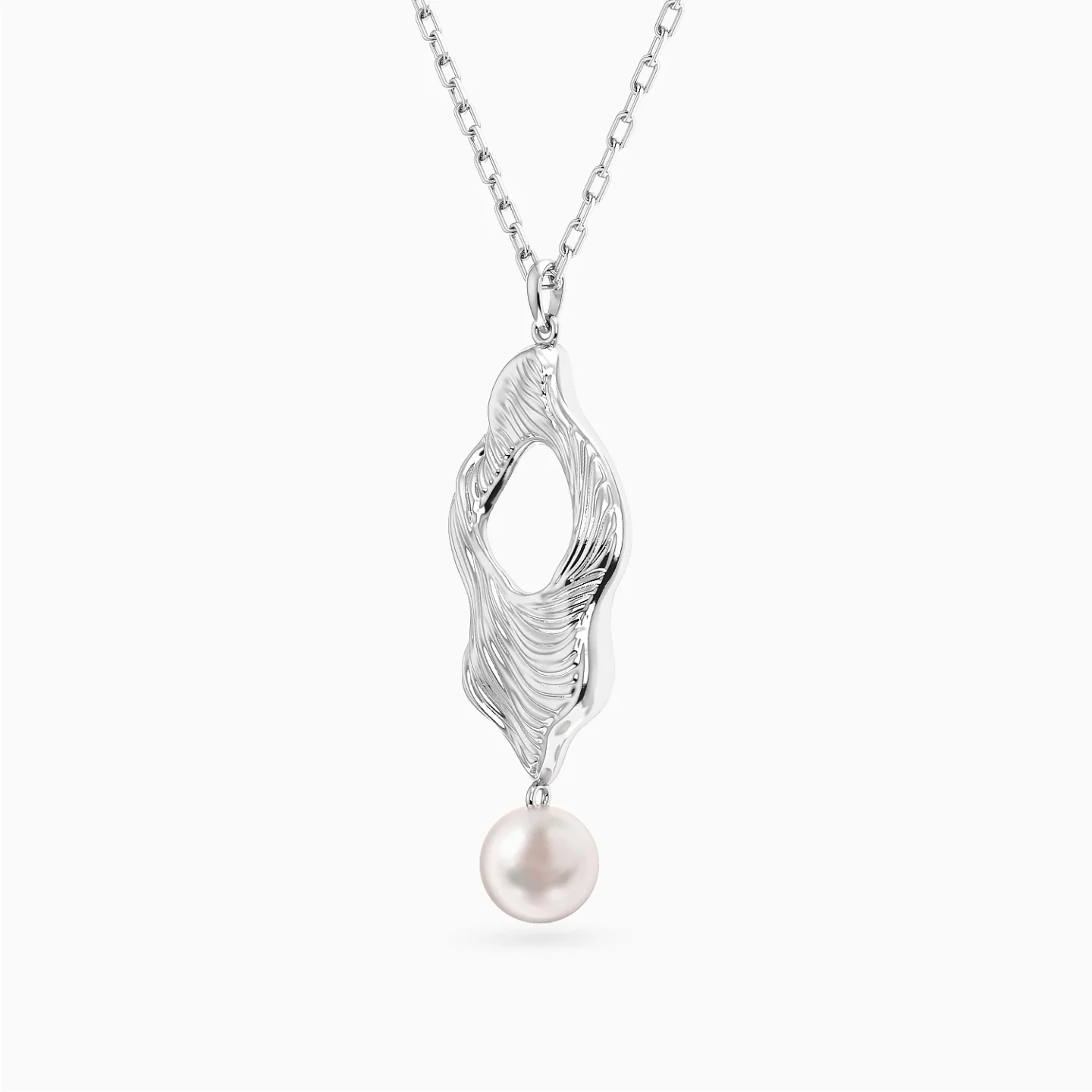 Elongated Open Freeform Pearl Pendant Necklace in Sterling Silver - 2 Elongated Open Freeform Pearl Pendant Necklace in Sterling Silver - 2