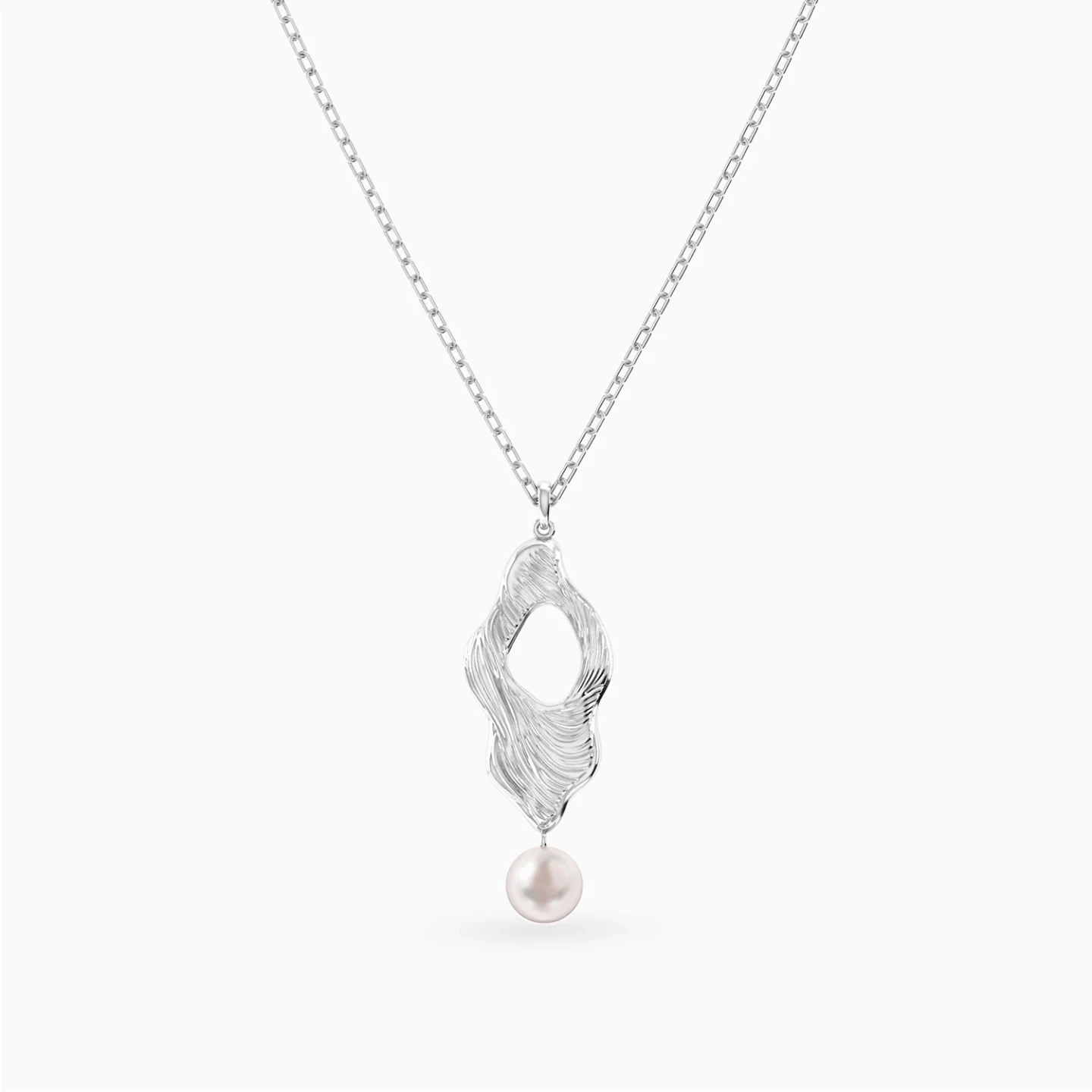 Elongated Open Freeform Pearl Pendant Necklace in Sterling Silver - 3 Elongated Open Freeform Pearl Pendant Necklace in Sterling Silver - 3