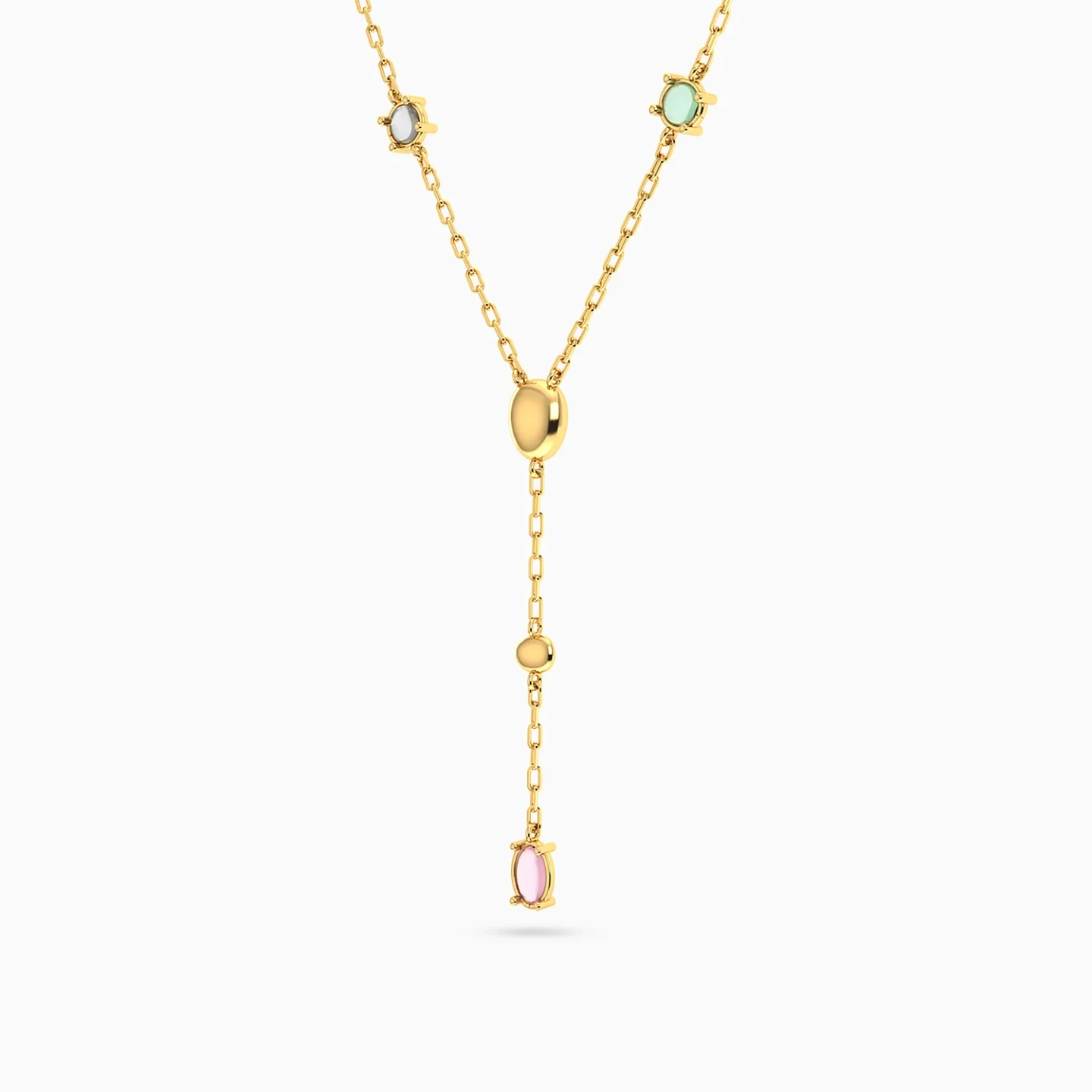 Oval Discs & Colored Stones Lariat Necklace in Yellow Gold Plating - 2 Oval Discs & Colored Stones Lariat Necklace in Yellow Gold Plating - 2