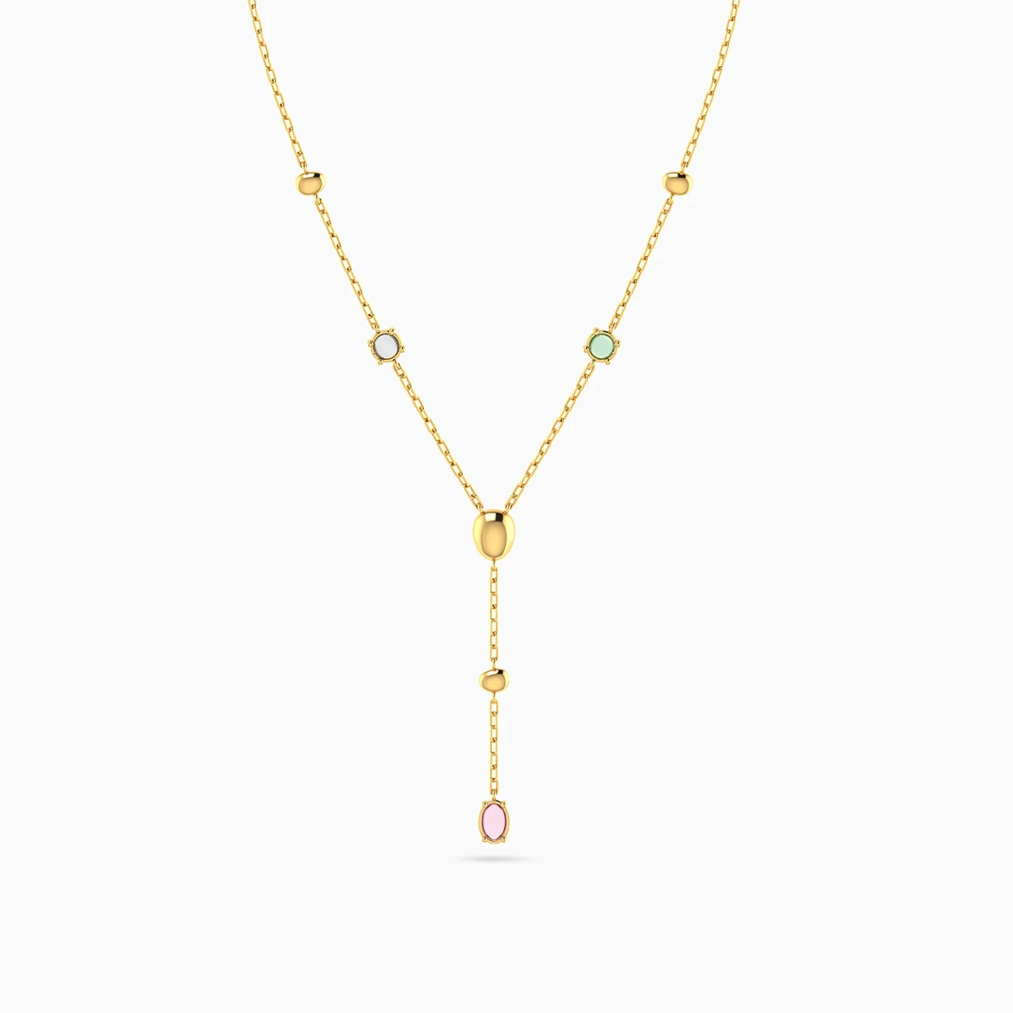 Oval Discs & Colored Stones Lariat Necklace in Yellow Gold Plating - 3 Oval Discs & Colored Stones Lariat Necklace in Yellow Gold Plating - 3