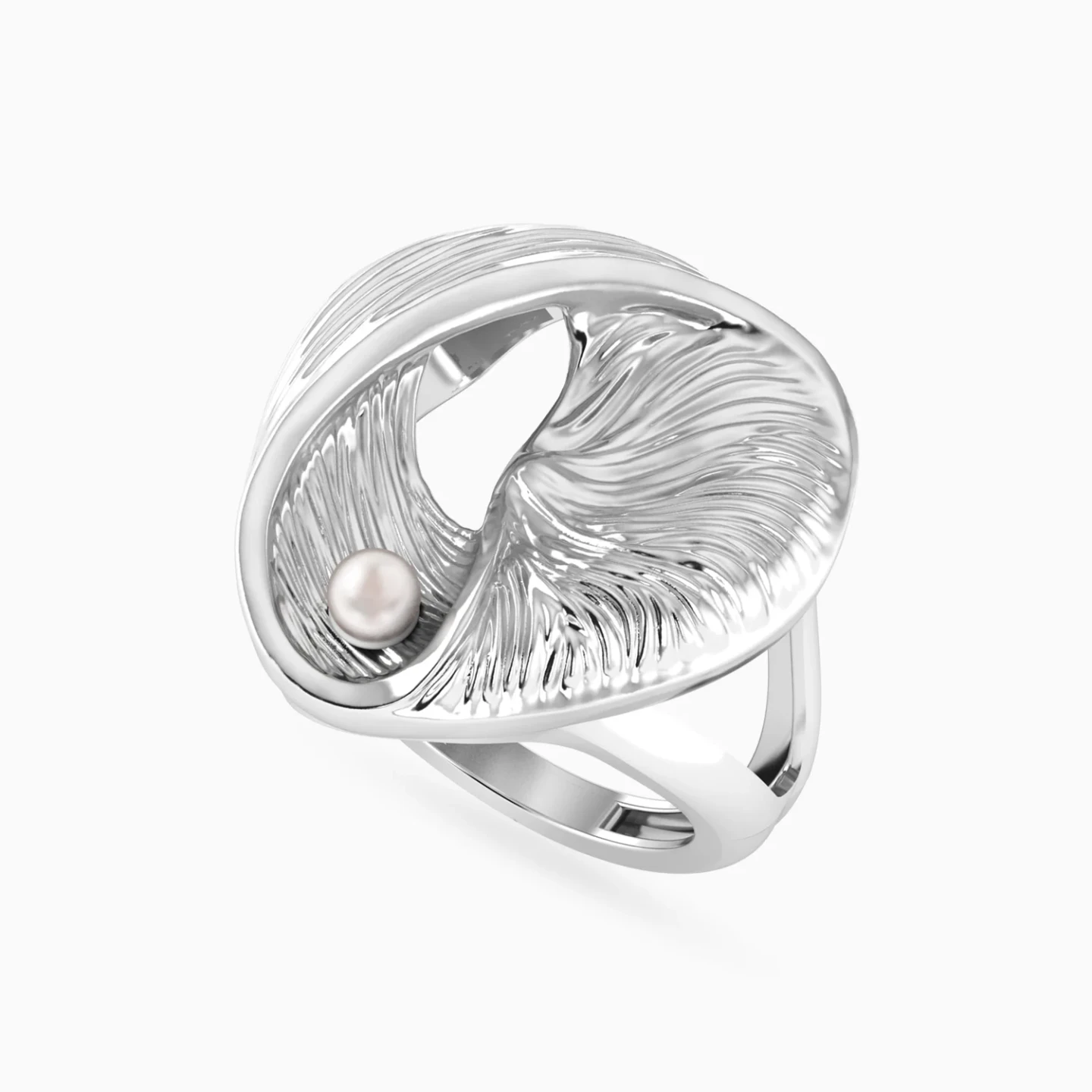Curved Round Motif Pearl Split Shank Ring in Sterling Silver - 3 Curved Round Motif Pearl Split Shank Ring in Sterling Silver - 3