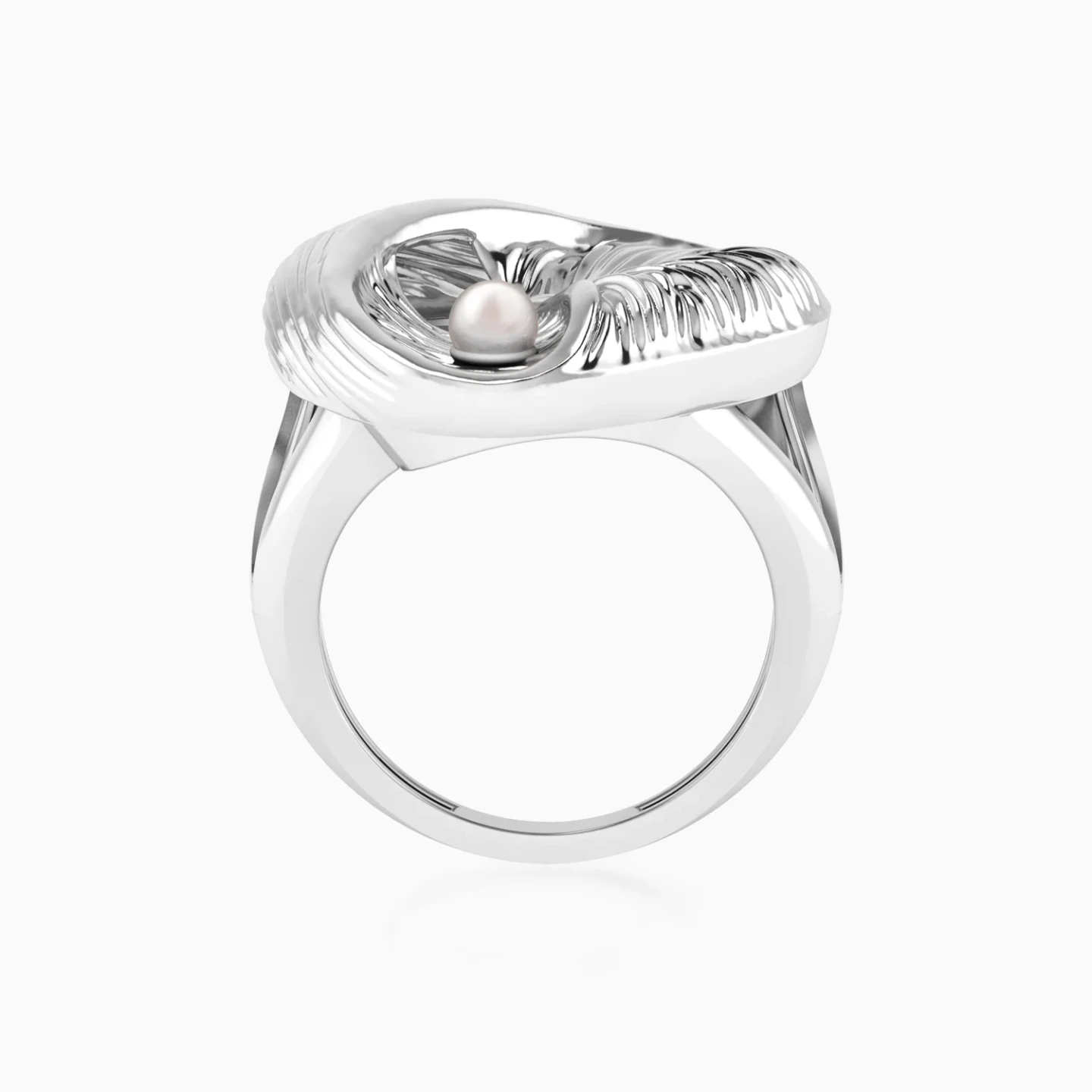 Curved Round Motif Pearl Split Shank Ring in Sterling Silver - 4 Curved Round Motif Pearl Split Shank Ring in Sterling Silver - 4