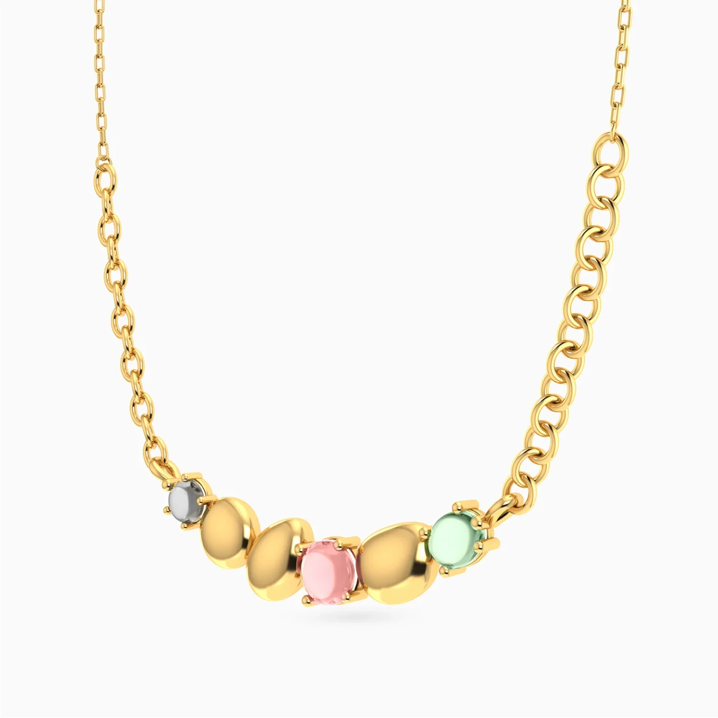 Horizontal Oval Discs & Colored Stones Necklace in Yellow Gold Plating - 2 Horizontal Oval Discs & Colored Stones Necklace in Yellow Gold Plating - 2