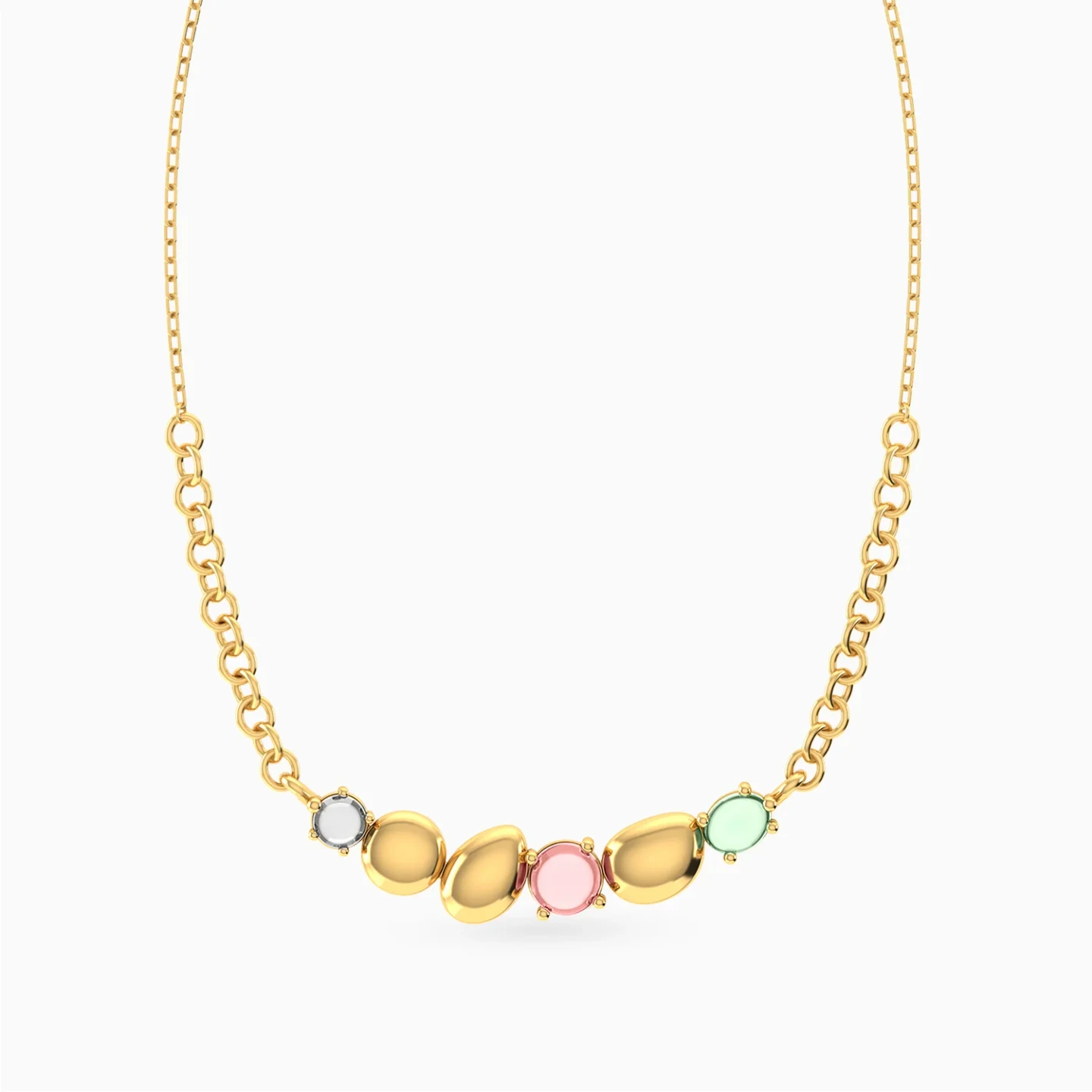 Horizontal Oval Discs & Colored Stones Necklace in Yellow Gold Plating - 3 Horizontal Oval Discs & Colored Stones Necklace in Yellow Gold Plating - 3
