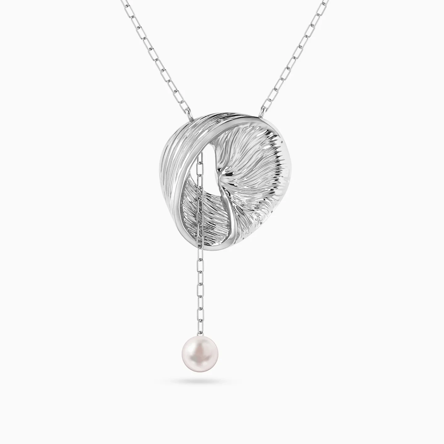 Curved Round Motif Pearl Pendant Necklace in Sterling Silver Curved Round Motif Pearl Pendant Necklace in Sterling Silver