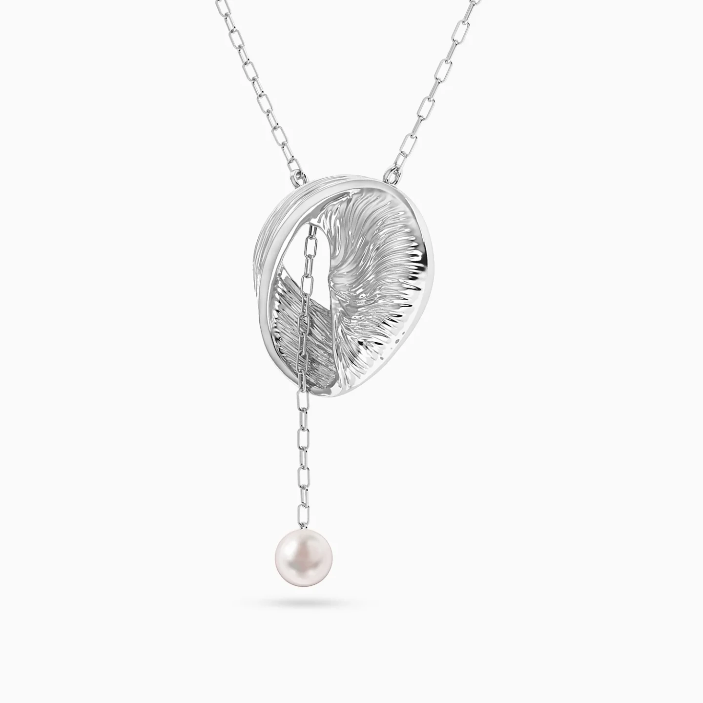 Curved Round Motif Pearl Pendant Necklace in Sterling Silver - 2 Curved Round Motif Pearl Pendant Necklace in Sterling Silver - 2